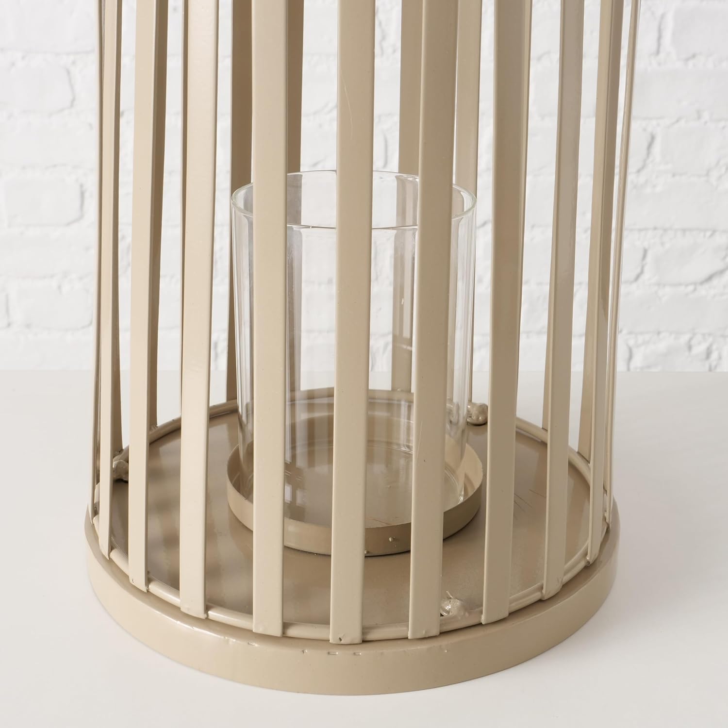 Key West Cage Hurricane Lanterns, Set of 2, Light Brown, Ribbed, Metal Frame, Handle, Glass, 15.75 and 12.5 Inches, Modern Tropical Design