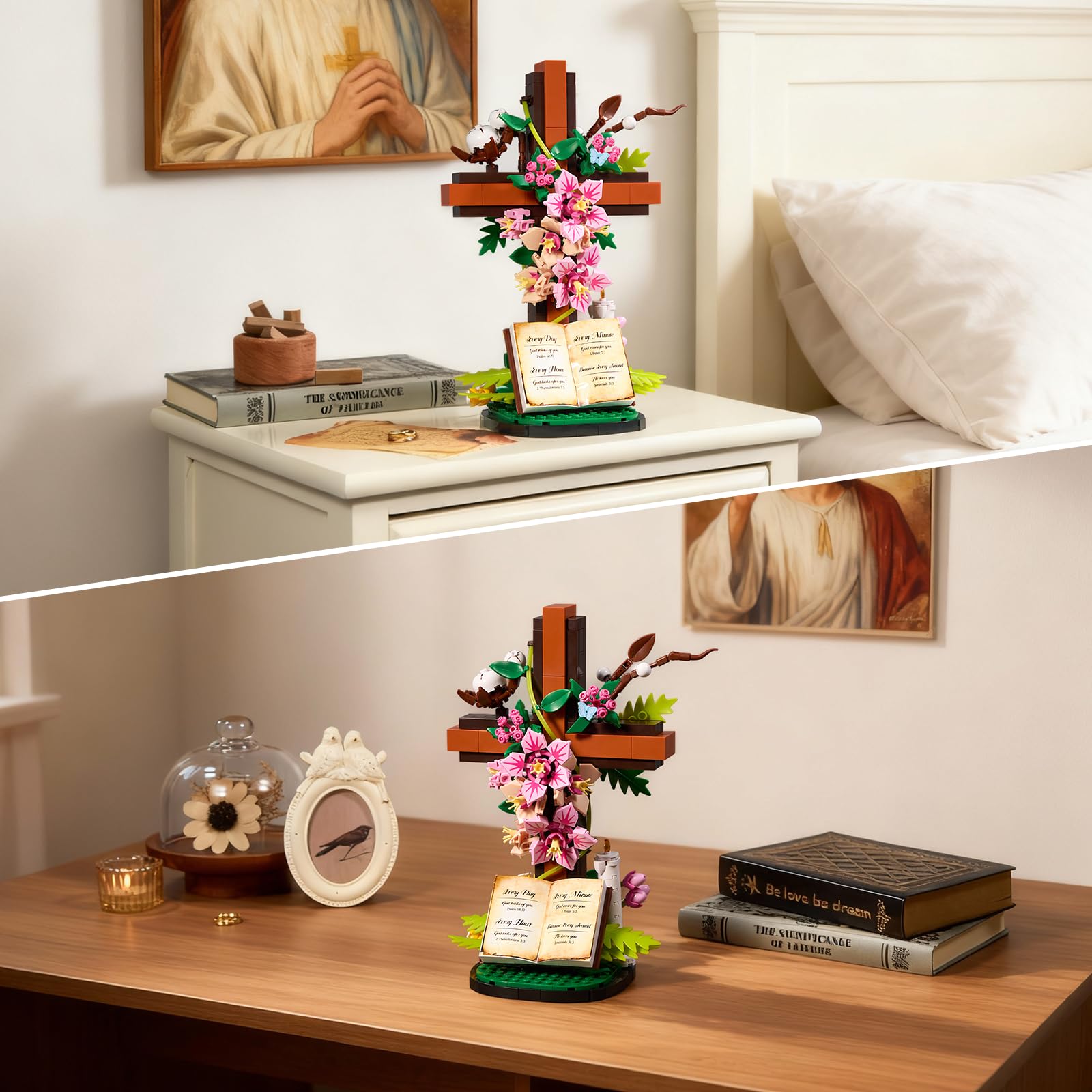 Set di mattoncini da costruzione Flower Cross of Jesus 568 pezzi, giocattoli da costruzione per decorare la cappella di casa, regali pasquali per la scuola domenicale, educazione alla fede