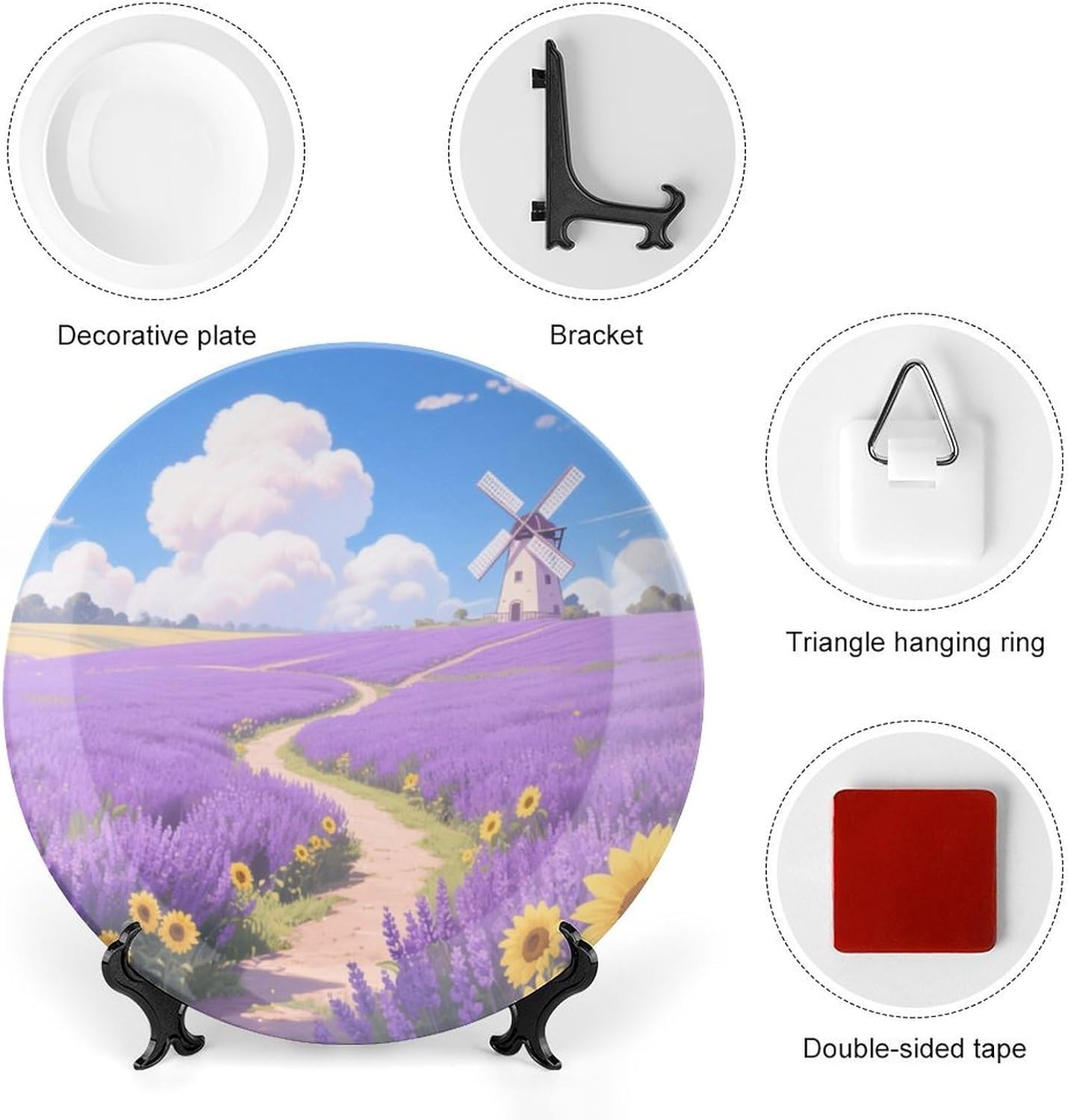 Bone China Decorative Plates Dreamlike Lavender Field Ceramic Decorative Plate Wall Decor with Display Stand Ceramic Ornaments for Wall Hanging Decoration