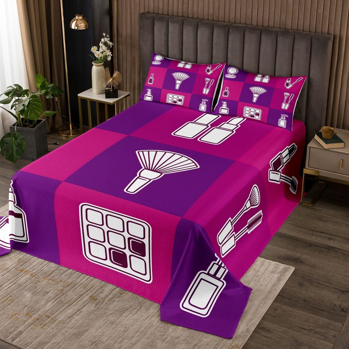 Erosebridal Cosmetics and Perfumes Quilt Set Makeup Perfume for Girl King Bedspread Set Makeup Pattern Coverlet Sets Patchwork Make Up Quilted