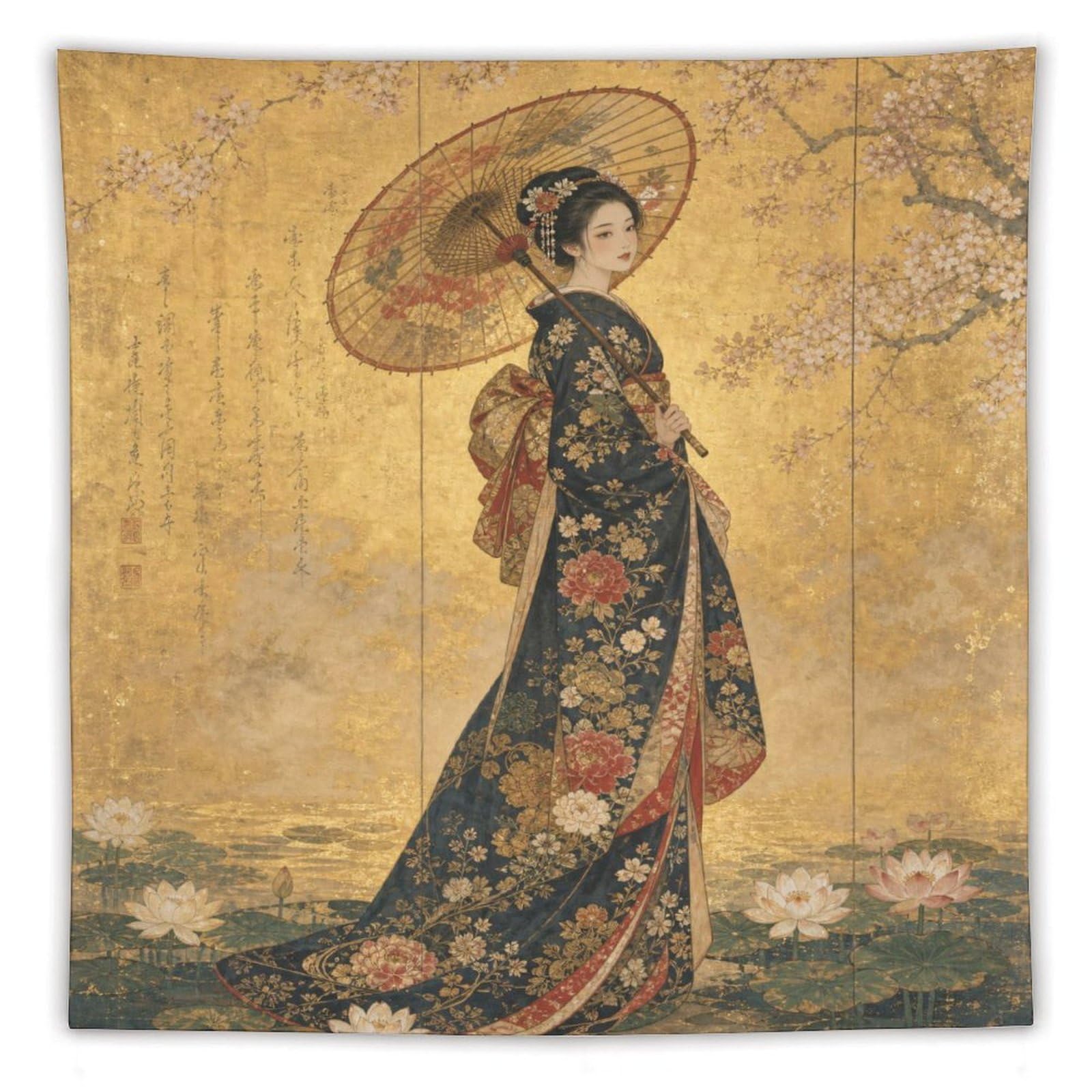W7C8U2X3 Woman in Floral Kimono Wall Tapestry, Ukiyo-e, Golden Garden