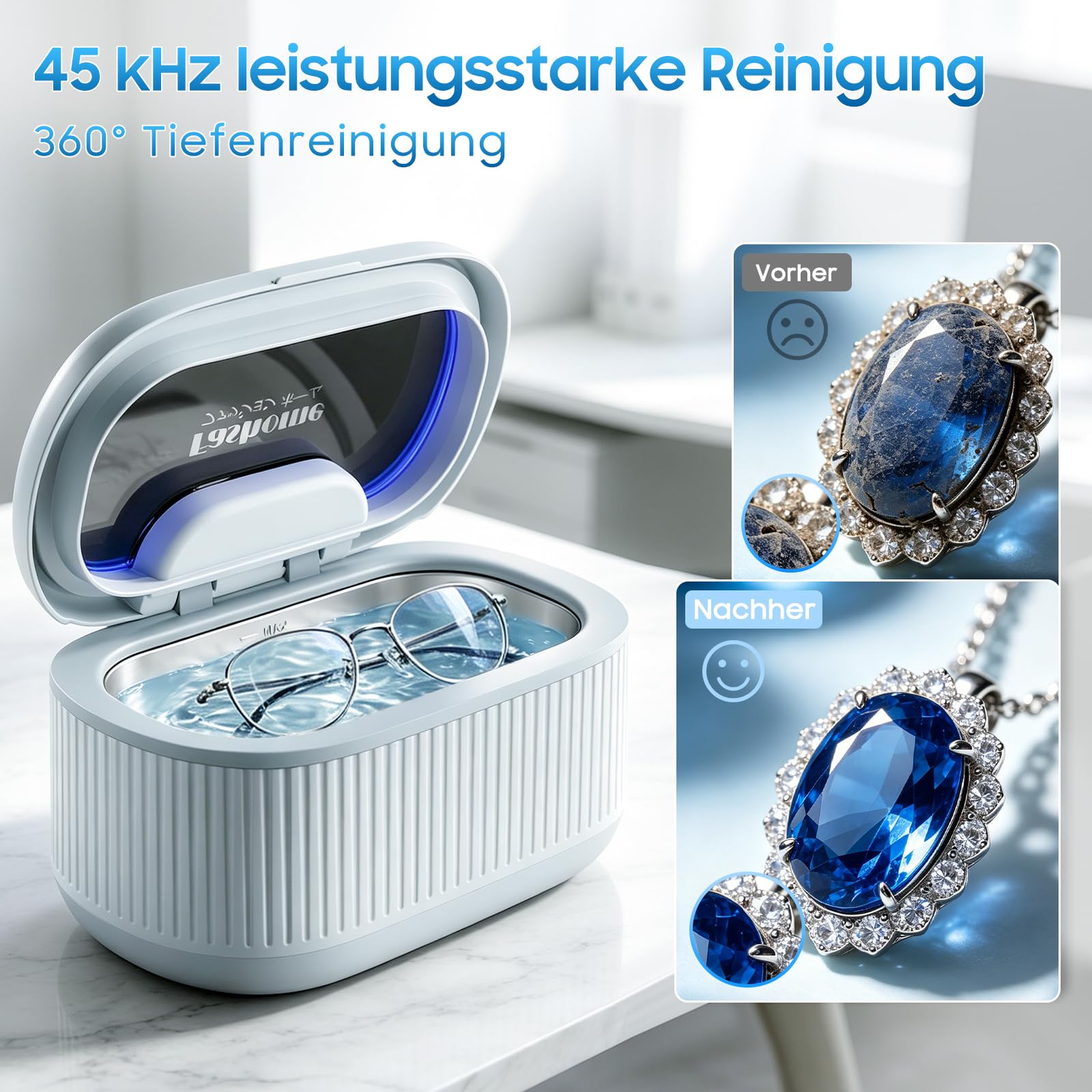 Fashome Ultraschallreiniger mit 2×100 ml Reinigungsflüssigkeit, 45 kHz 3 Modi, 550 ml Edelstahltank, für Schmuck, Brillen, Uhren & Zahnersatz, Reinigungskorb & Uhrenhalterung – mit Geschenkbox