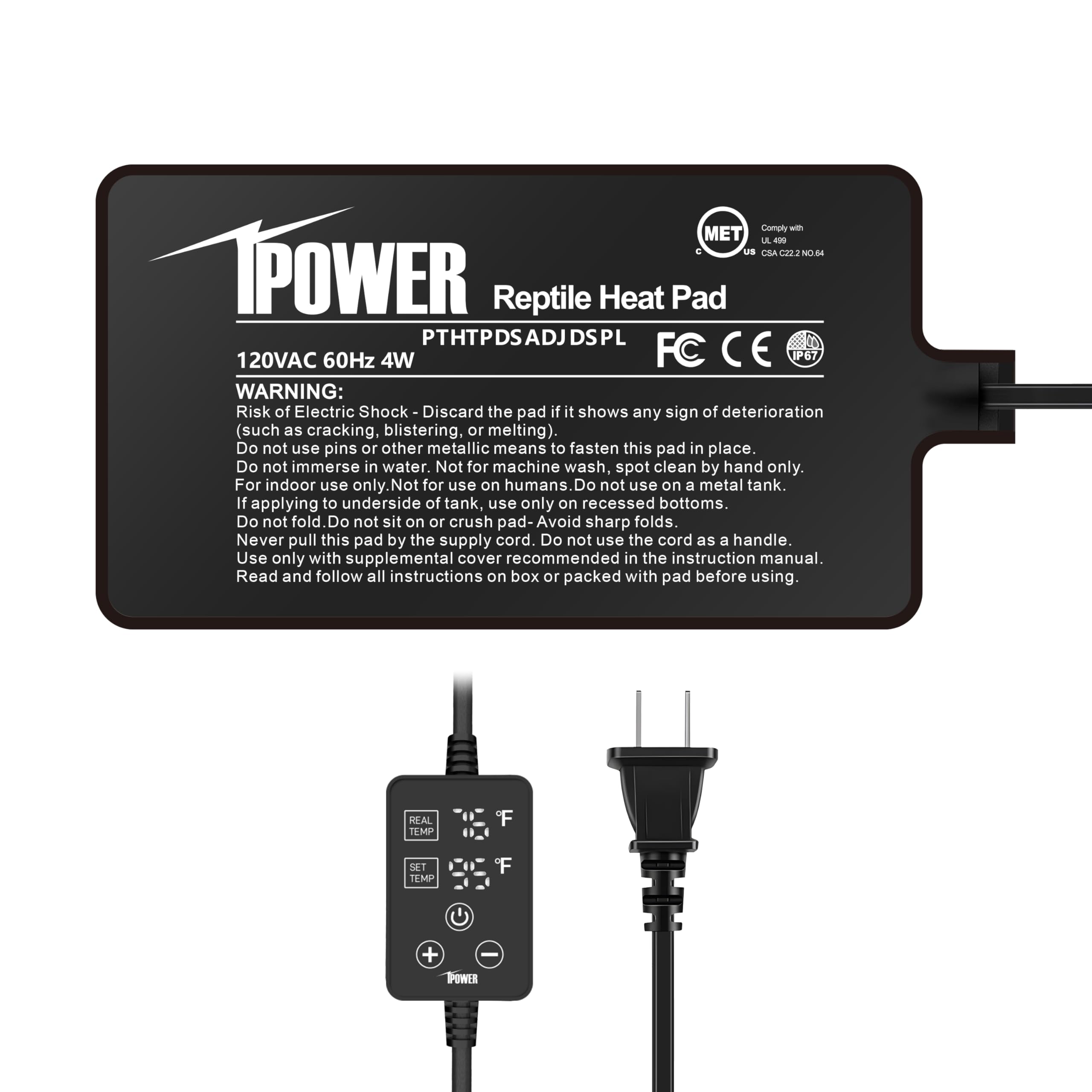 iPower 4 by 7 Inch 4W Reptile Heating Pad with Adjustable Thermostat, Under Tank Warmer Terrarium Heat Mat for Turtles/Snakes/Lizards/Frogs, and Other Reptiles