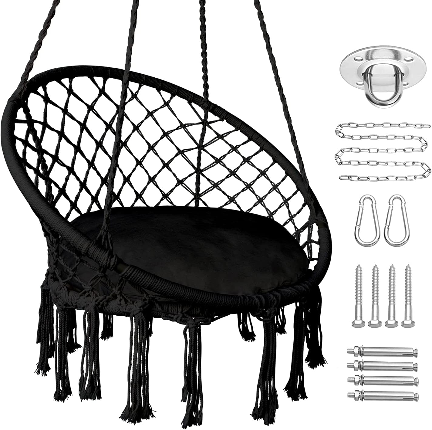 Hammock Chair Hanging Rope Swing with Hardware and Cushion, Handmade Knitted Mesh Hanging Chair with Macrame for Bedroom Patio Yard Garden, Max 330 Lbs, Black