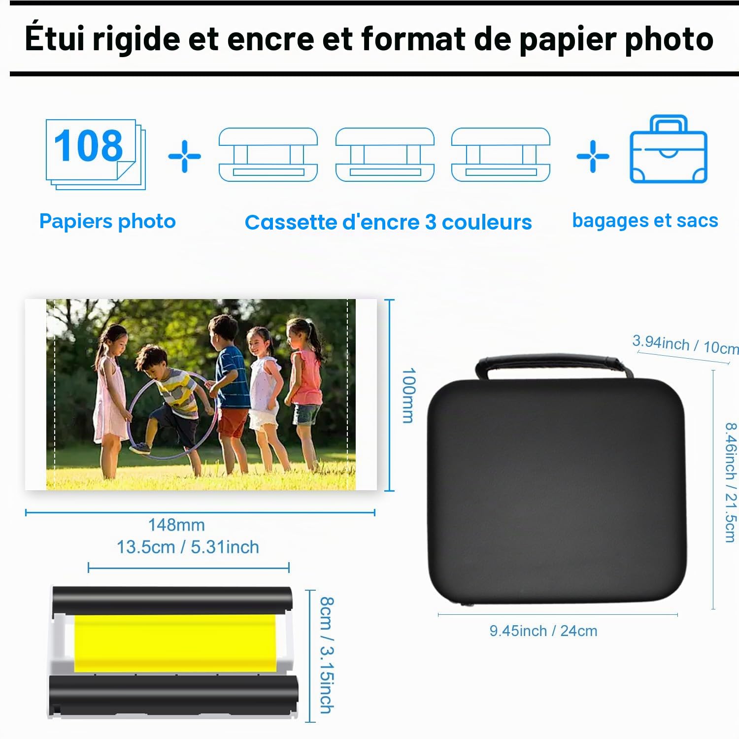 Compatible avec Canon Selphy CP1500 CP1300 Encre, papier et étui rigide, KP-108IN KP108 3 cartouches d'encre couleur et 108 feuilles de papier photo 4 x 6 et boîte de protection noire pour les mains