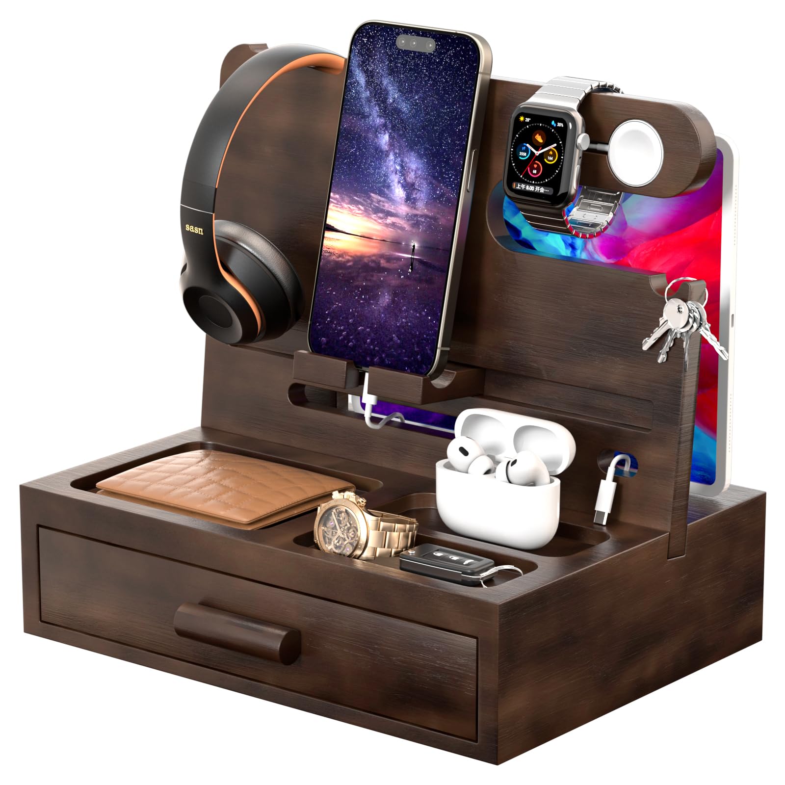 melafa365 Nightstand Organizer for Men,Phone Docking Station with Cable Management,Night Stand with Drawer,Bedside Organizer for Watches,Keys,Wallets,