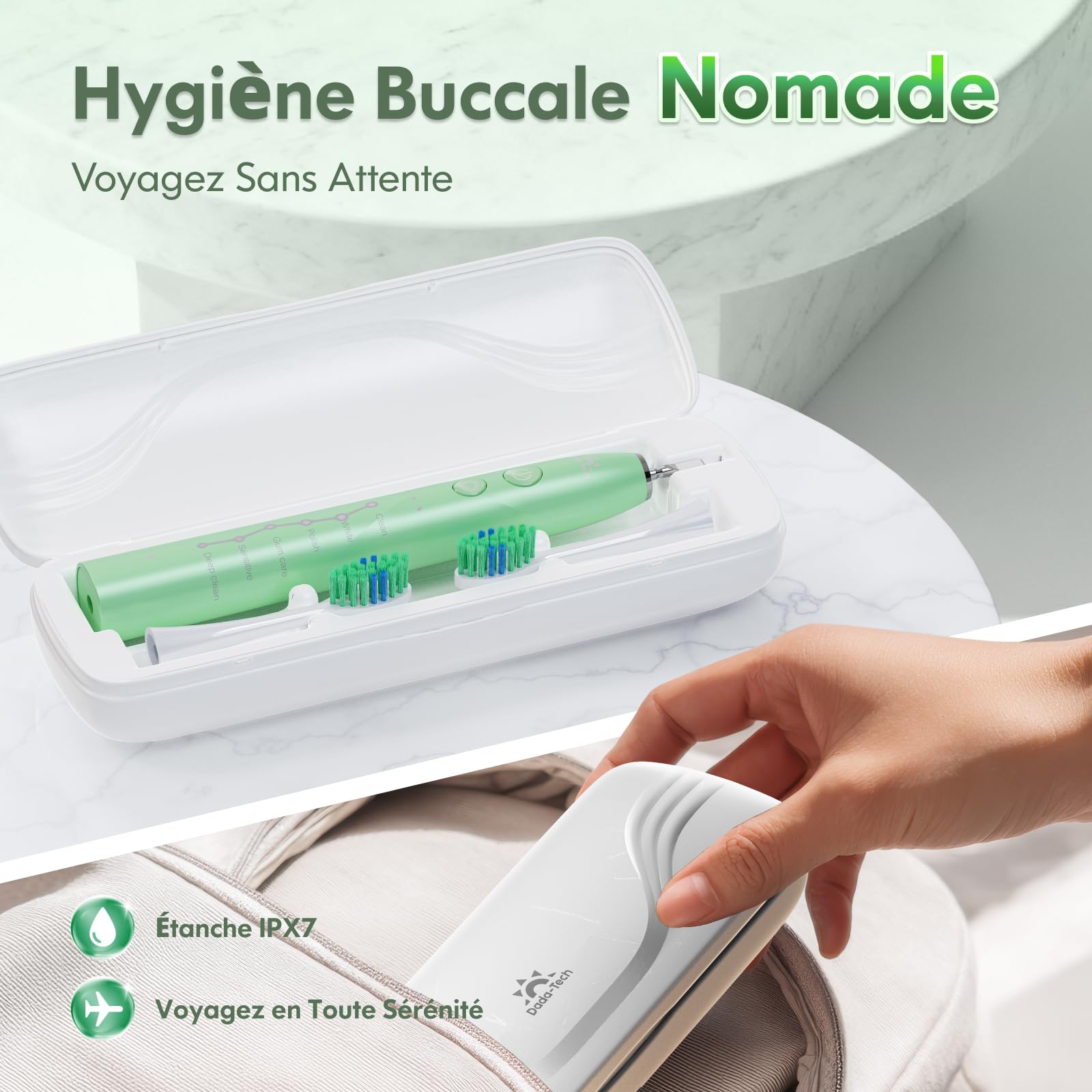 Brosse à dents électrique pour adultes et enfants, rechargeable, sonique, avec étui de voyage, support et 7 têtes de brosse, 6 modes et 3 intensités, minuterie de 2 minutes (Vert)