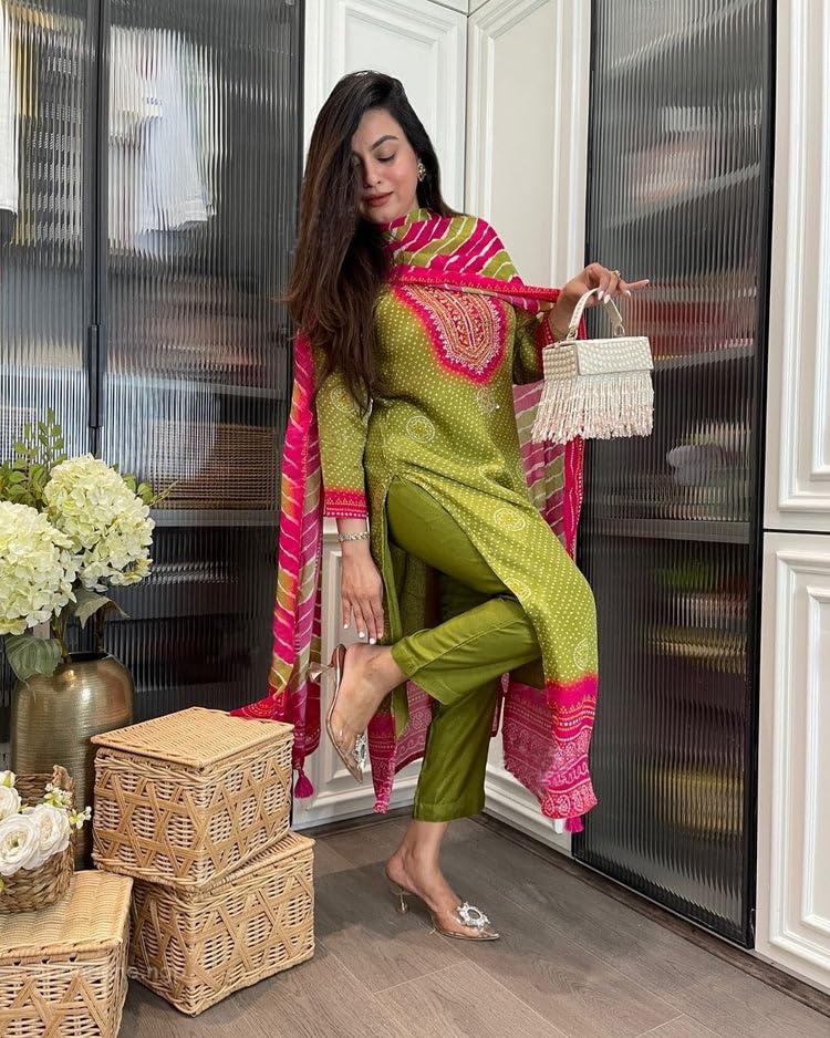 Image of GoSriKi Women's Viscose Straight Kurta Set with Pant & Dupatta | Bandhej Printed Suit Set | Ethnic Festive Dress