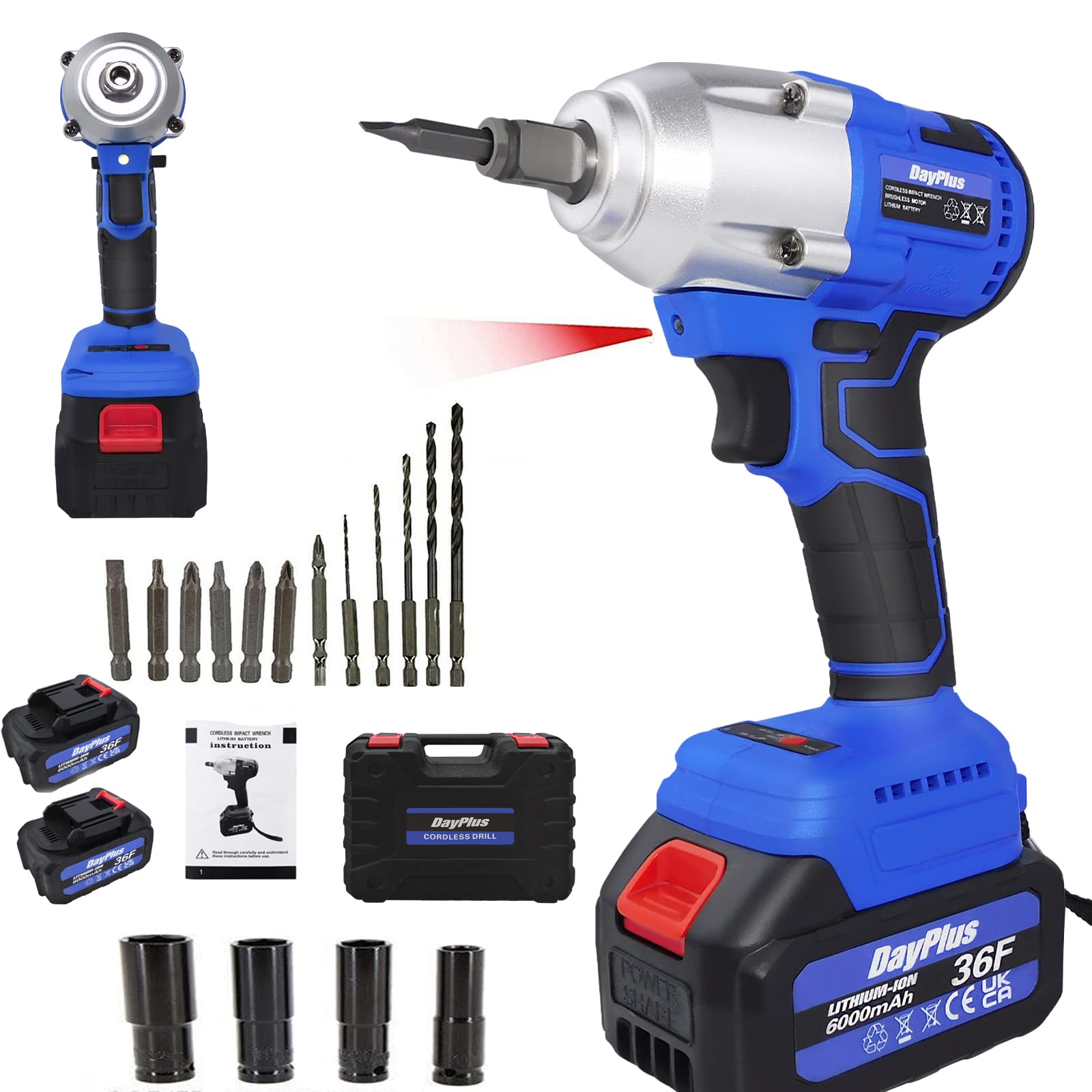 Royalswill Light/Dark Cordless Impact Wrench 21V, 1/2 Inch Square Driver 420N.m High Torque Drive W/ 2X 6.0Ah Lithium-Ion Batteries, Socket Set 14Mm 17Mm 19Mm 22Mm, 0-3200Rpm Variable Speed, - Car Wheel Wrench