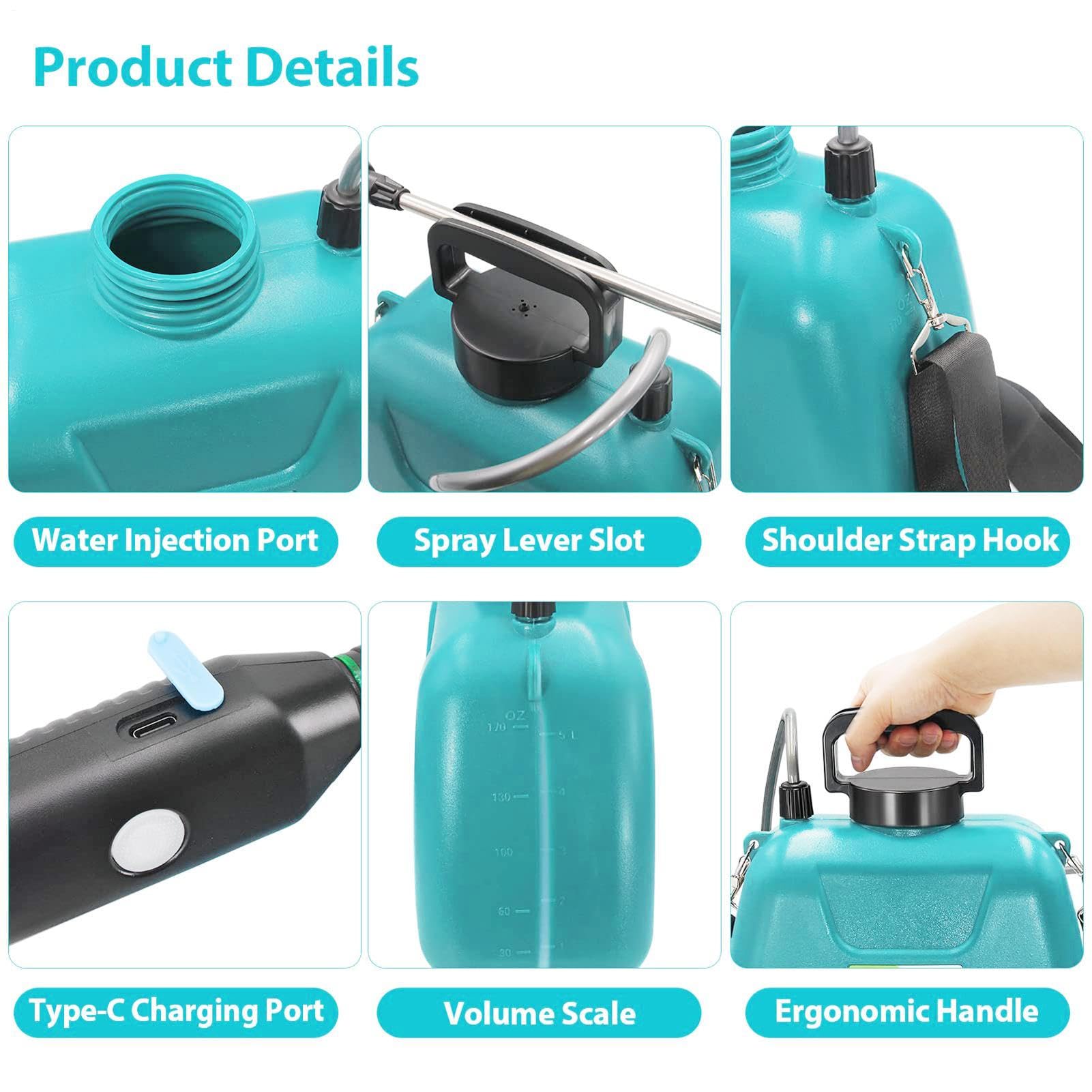 Spruzzatore elettrico da giardino - Spruzzatore portatile per prato | pompa a batteria | Manico ricaricabile USB, capacità serbatoio 5L, 3 pezzi regolabili per, tracolla per piante, cura della