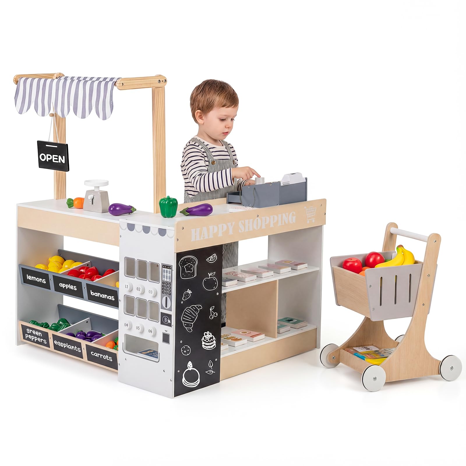 FANTASK Holz Kinder Kaufladen, Kaufmannsladen mit Einkaufswagen, Verkaufsautomat Spielzeug, Kasse & Spiellebensmittel, Supermarkt Spielzeug für Kinder 3+ Jahre
