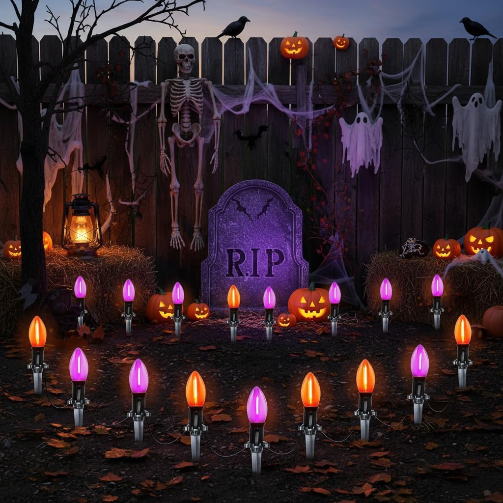 10 Pack Halloween Pathway Lights Outdoor, 19.5ft Extendable C9 LED Stake Lights with Orange & Purple Bulbs, Connectable Marker Lights for Garden, Yard, Driveway, Porch & Sidewalk Halloween Decor