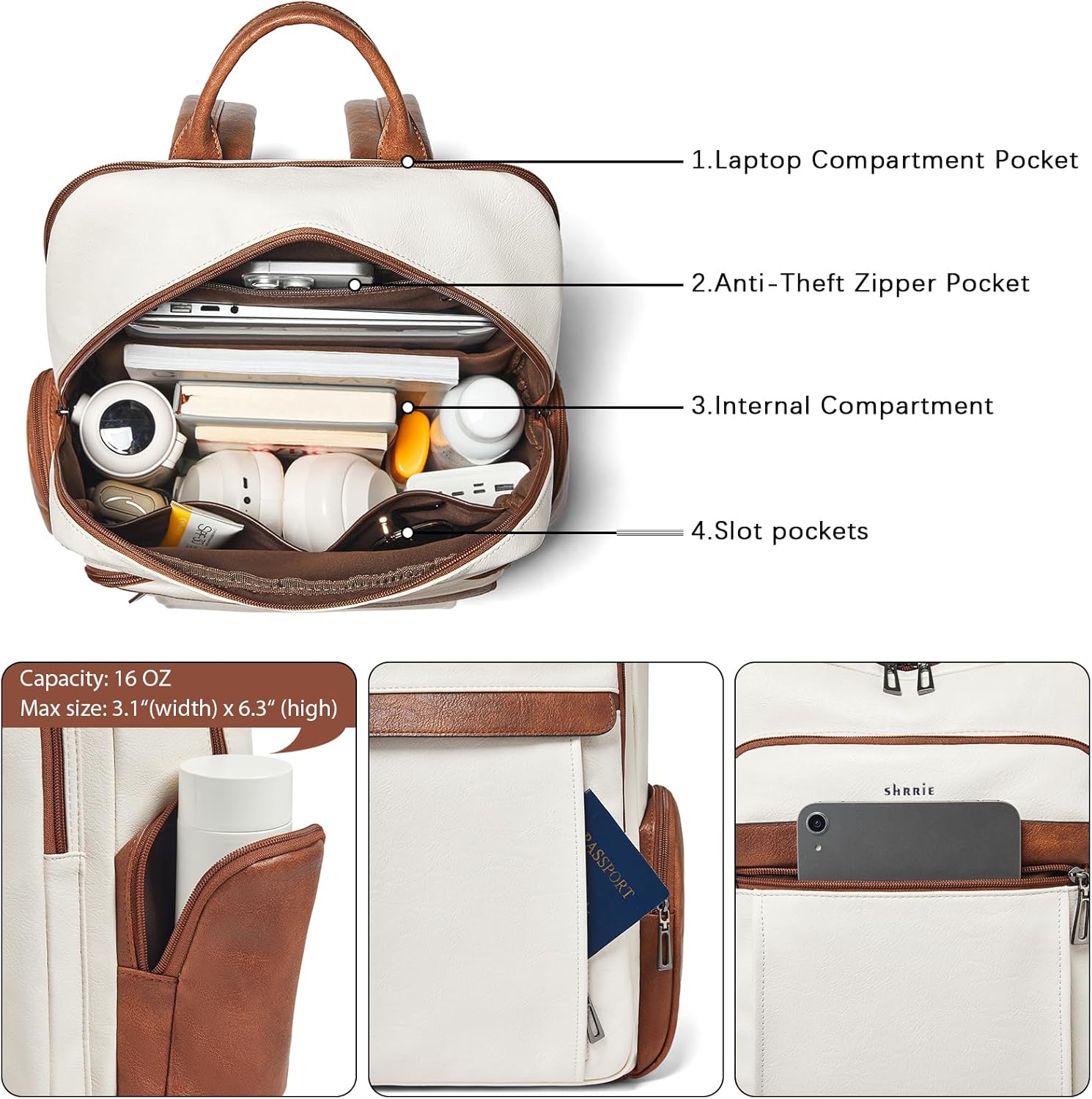 Shrrie Leather Laptop Backpack for Women with 17 inch Vegan Leather Computer Backpack Purse for Travel College Work - Image 4