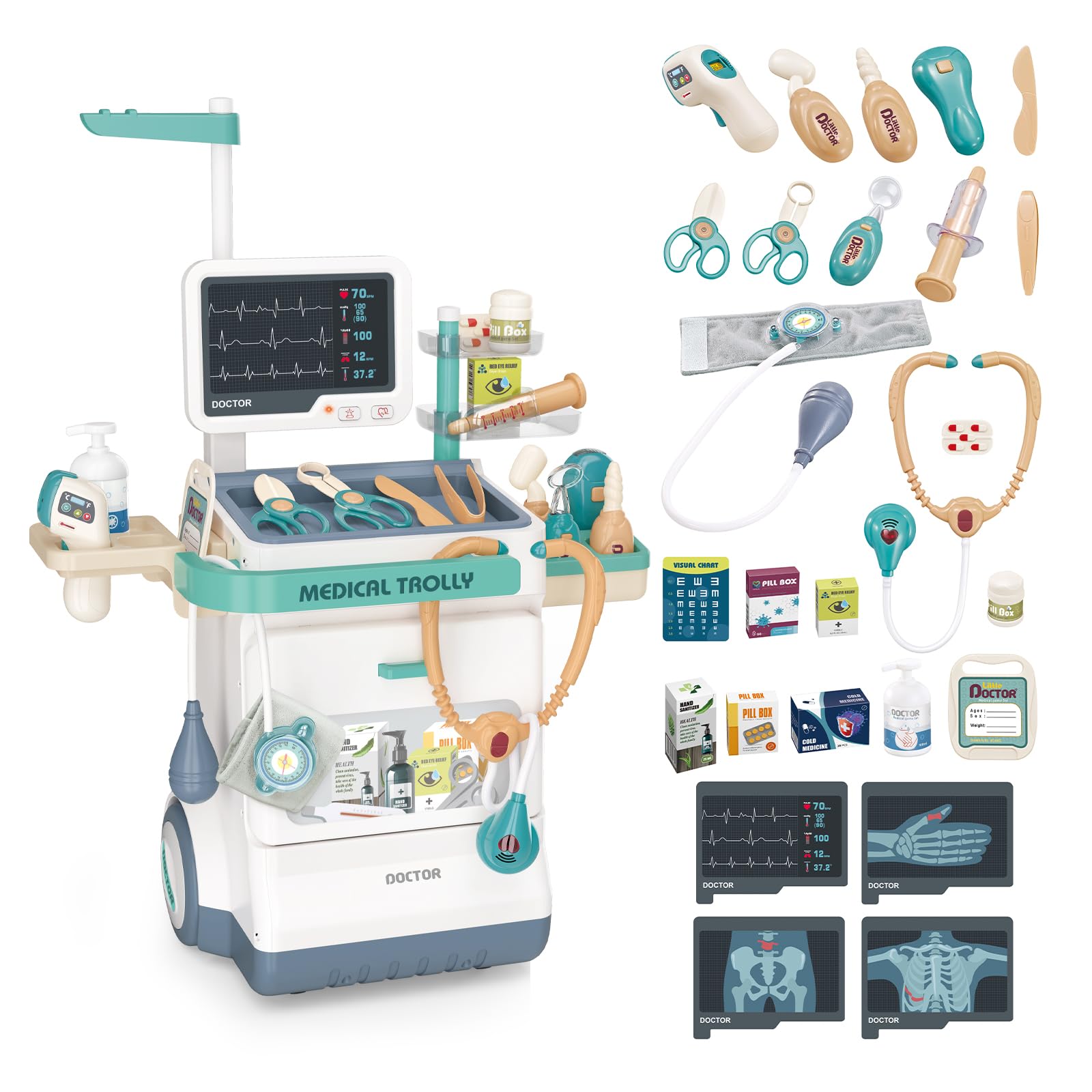 RedCrab Jouet Set Docteur Enfant, Chariot Médical Jeu Prétendant avec 26 Accessoires: Stéthoscope et Équipement Médical, Jeu de Rôle Éducatif Cadeau Jouet pour Enfant 3 Ans + Garçons Filles