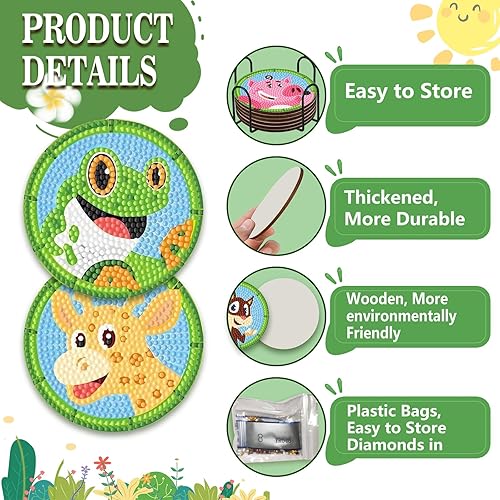 Miniatura 4 de FOWSEEK 6 posavasos con diseño de animales de dibujos animados, bonitos posavasos de pintura de diamantes con soporte, kits de pintura de diamantes