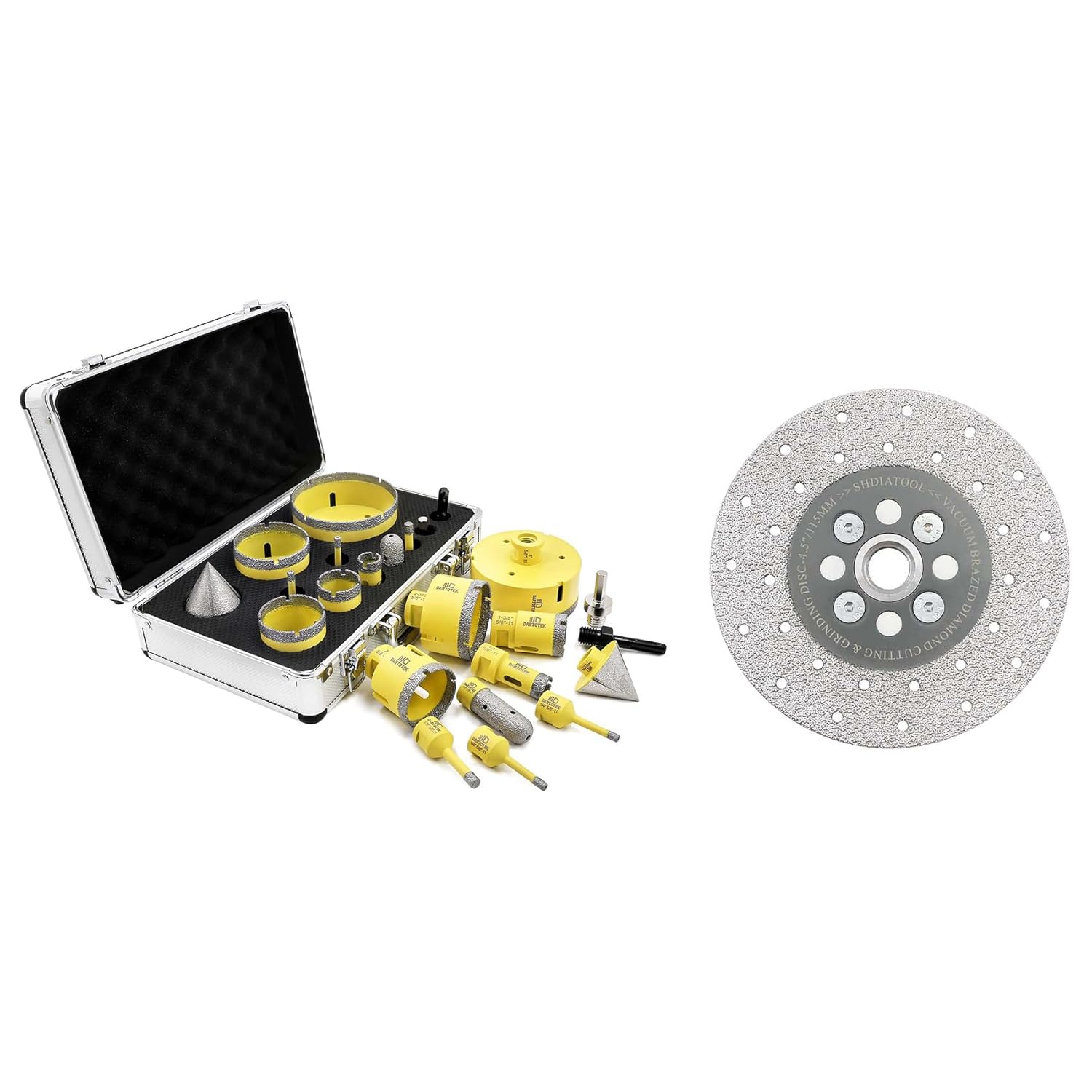 Diamond Core Drill Bits Set 10PCS - DARTOTEK Tile Hole Saw Kit and SHDIATOOL 4-1/2 Inch Diamond Cutting Grinding Disc Fits 5/8-11 Arbor
