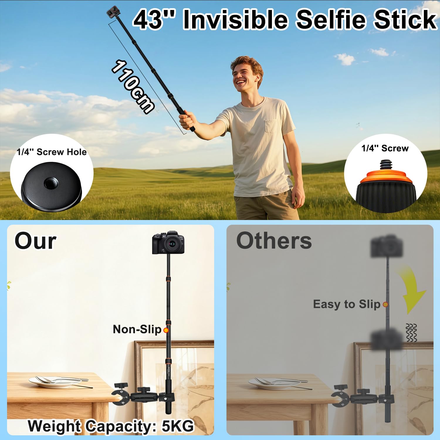 Motorrad-Kamera Halterung Set mit 43" Unsichtbarem Selfie Stick kompatibel mit Insta360 X5-X, Robuste Lenker Klemme kompatibel für GoPro 13-3, Osmo 360 Nano, Fahrrad ATV UTV Fahrten (Orange-Rot)