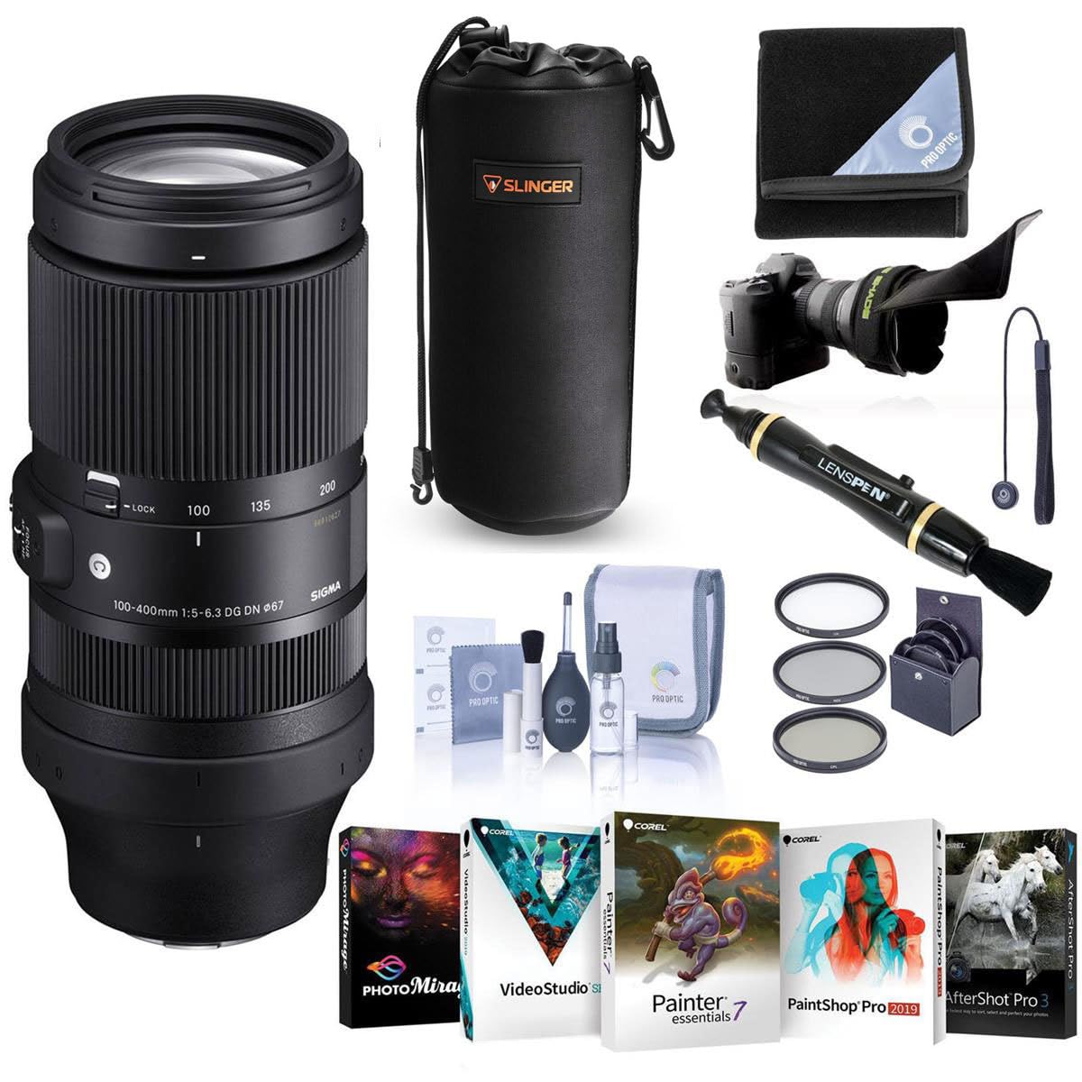 Sigma 100-400mm f/5-6.3 DG DN OS Contemporary Lens for Sony E, Bundle with 67mm Filter Kit, PC Software, Cleaning, Wrap, Flex Shade, Cap Tether,