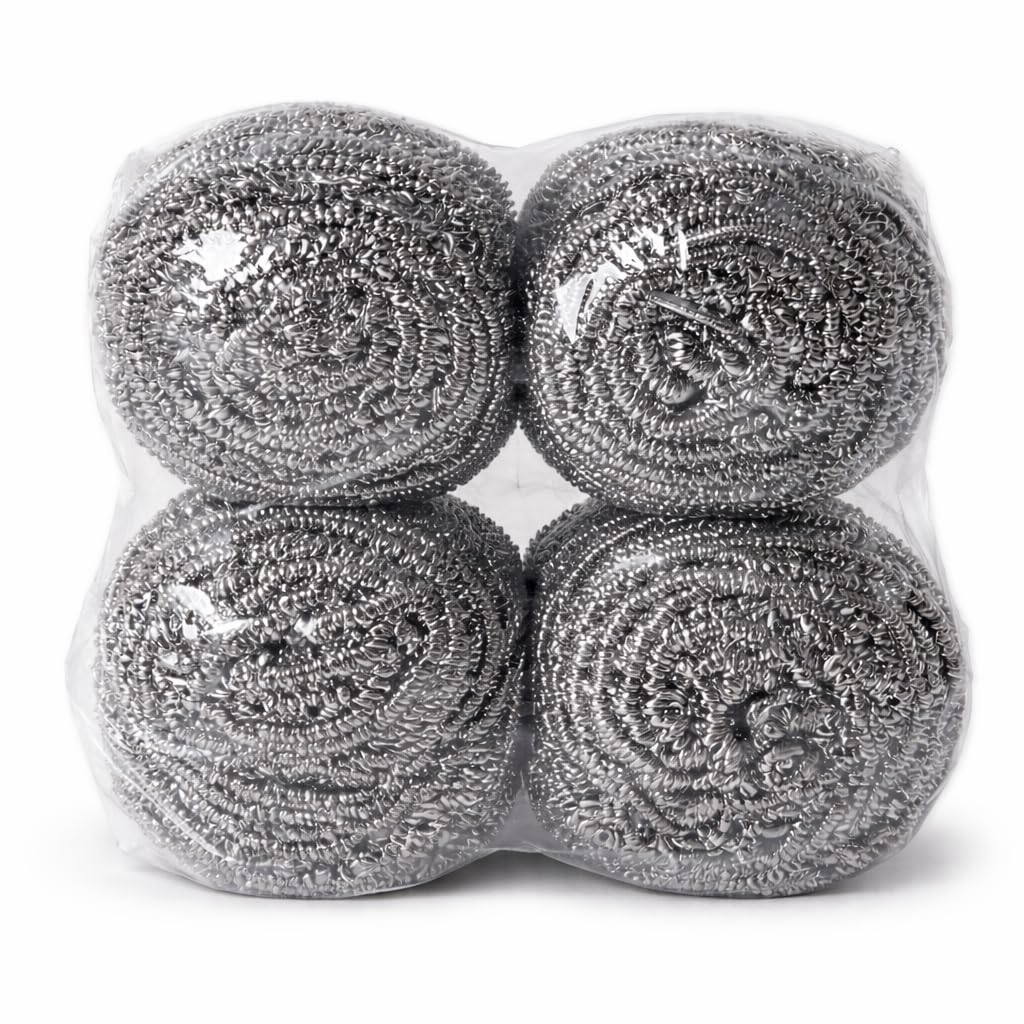 Spugne Inox Professionali in Acciaio Antiruggine 60 g – Confezione da 4 Pagliette Acciaio Abrasive per Pentole, Tegami, Griglie e Barbecue – Lana d’Acciaio per Pulizia Sporco Incrostato e Bruciato,
