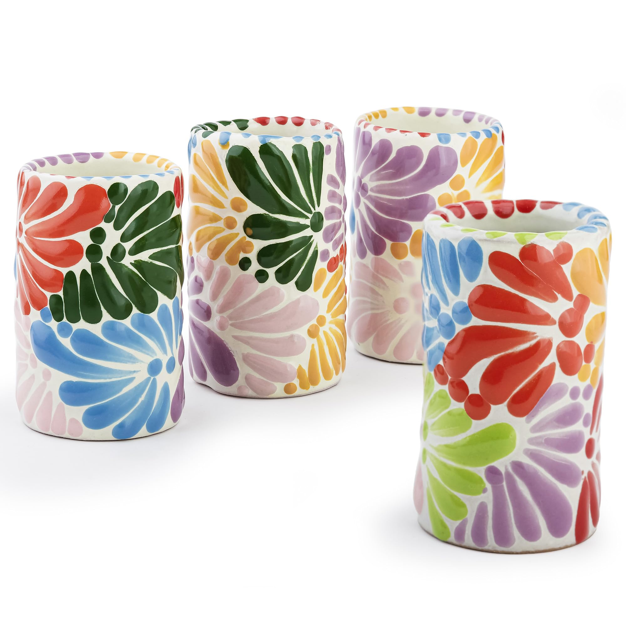 Talavera Shot Glasses Set of 4 Authentic Mexican Tequila Shot Glasses - Hand-painted - 2 Oz (Multi Petal)