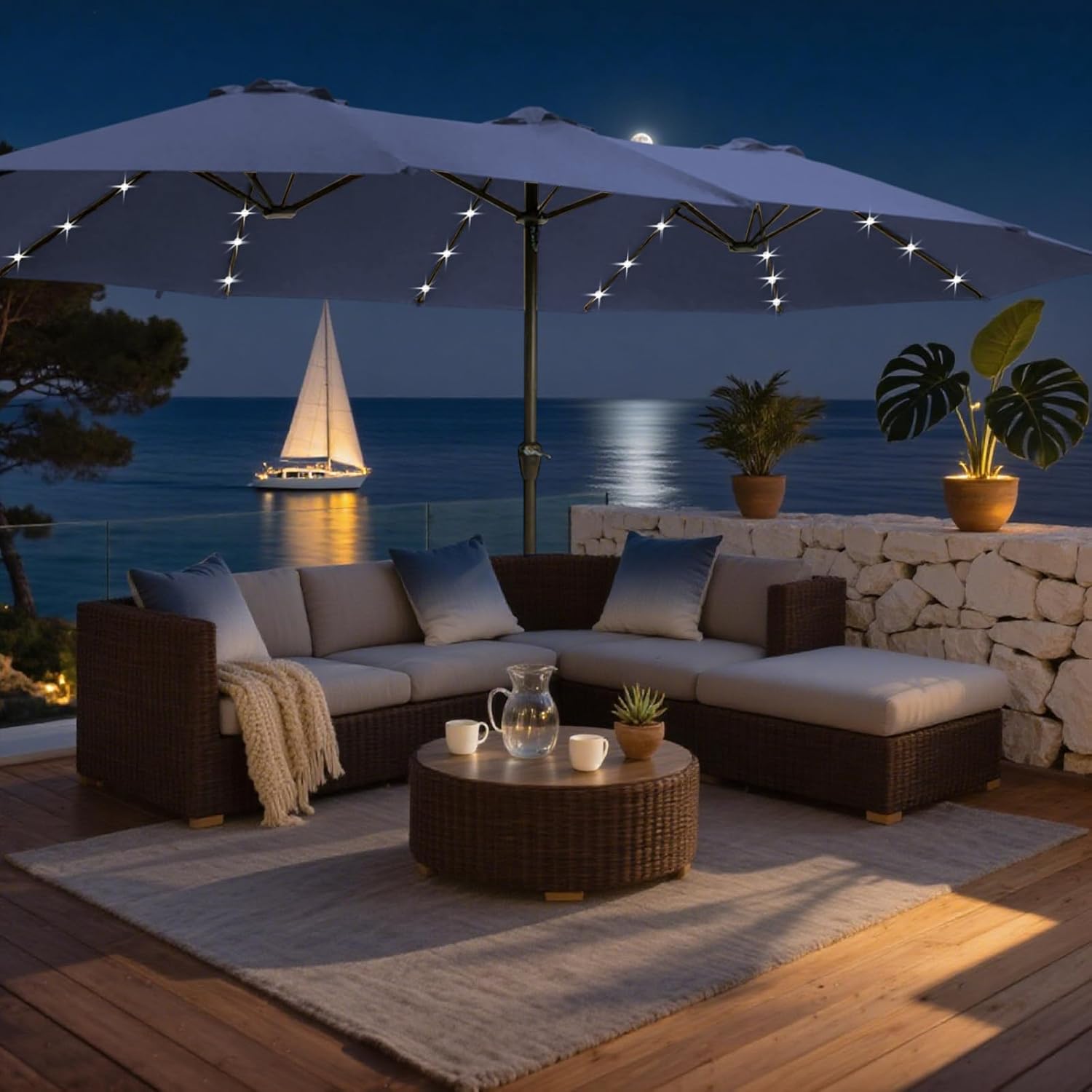 13ft Rectangular Large Outdoor Patio Umbrella with Base Included – Double Table Outdoor Patio Umbrella with Solar Lights, Crank Handle, UV-Resistant, Heavy-Duty Pool Umbrella for Lawn, Backyard, Navy - Image 6