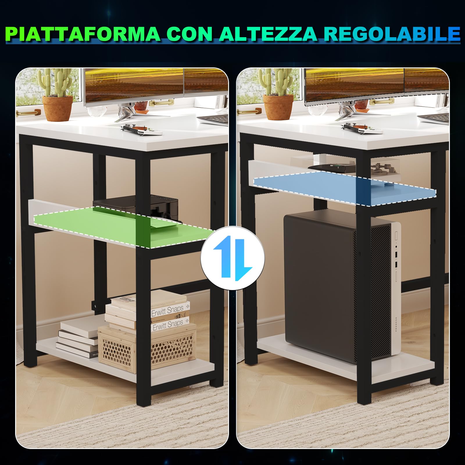 Devoko Scrivania Gaming con LED, 155 x 100 cm Scrivania con Ripiano Reversibile, Scrivania ad L con 2 Prese e 2 Porte USB, Scrivania Gaming con Scomparti e Spazio di Archiviazione, Bianca