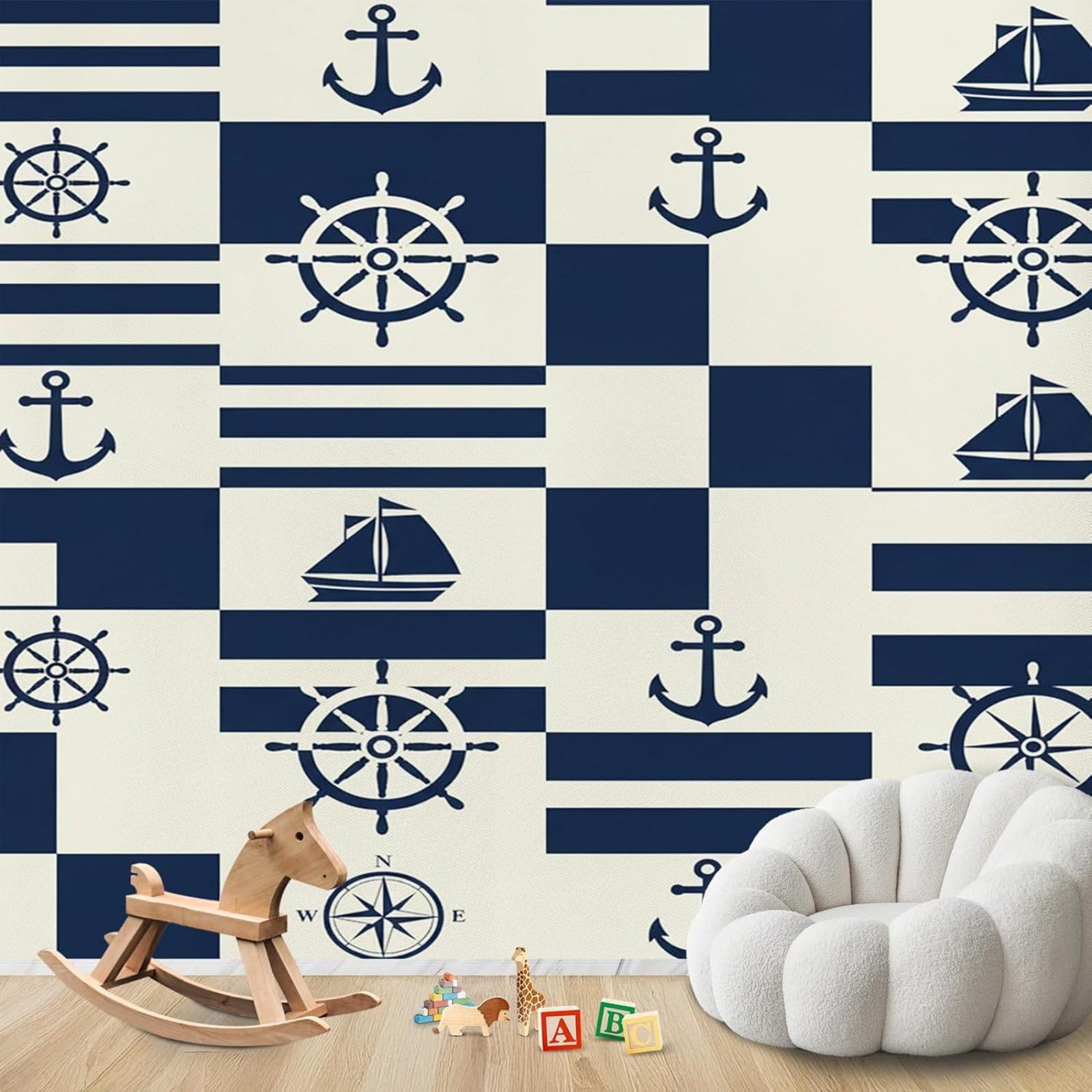 Nautical wallpaper, photo wallpaper anchor steering wheel bedroom, non-woven wallpaper sailboat living room, wall wallpaper children's room nautical wall decoration, patterned non-woven wallpaper, 430