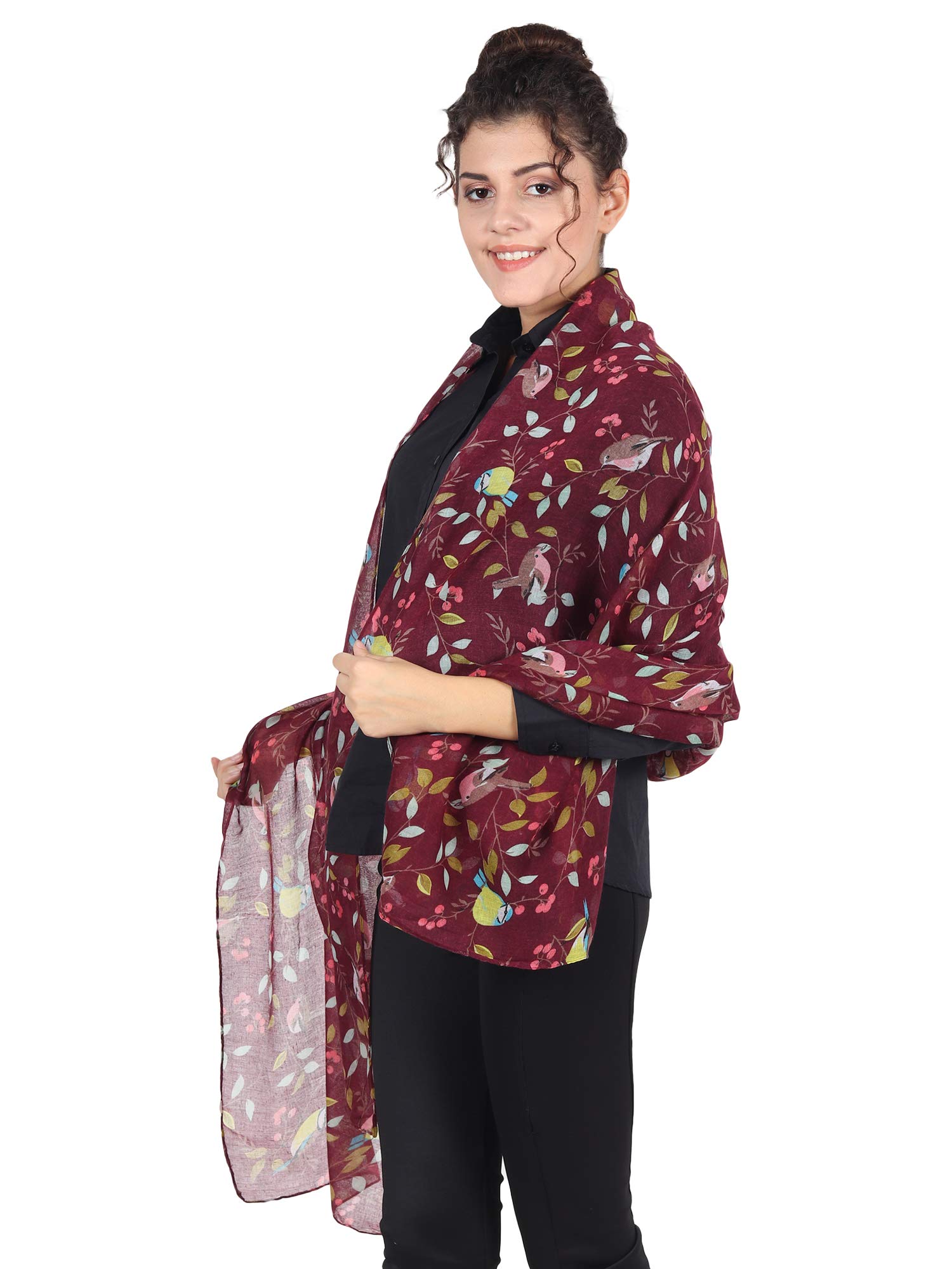 World Of Shawls Girls 157 Dark Maroon Winter Christmas Robin Bird Print Lady Women Colorful Long Cute Scarf Wraps Shawl Soft Scarves Maxi (157 Dark Maroon)