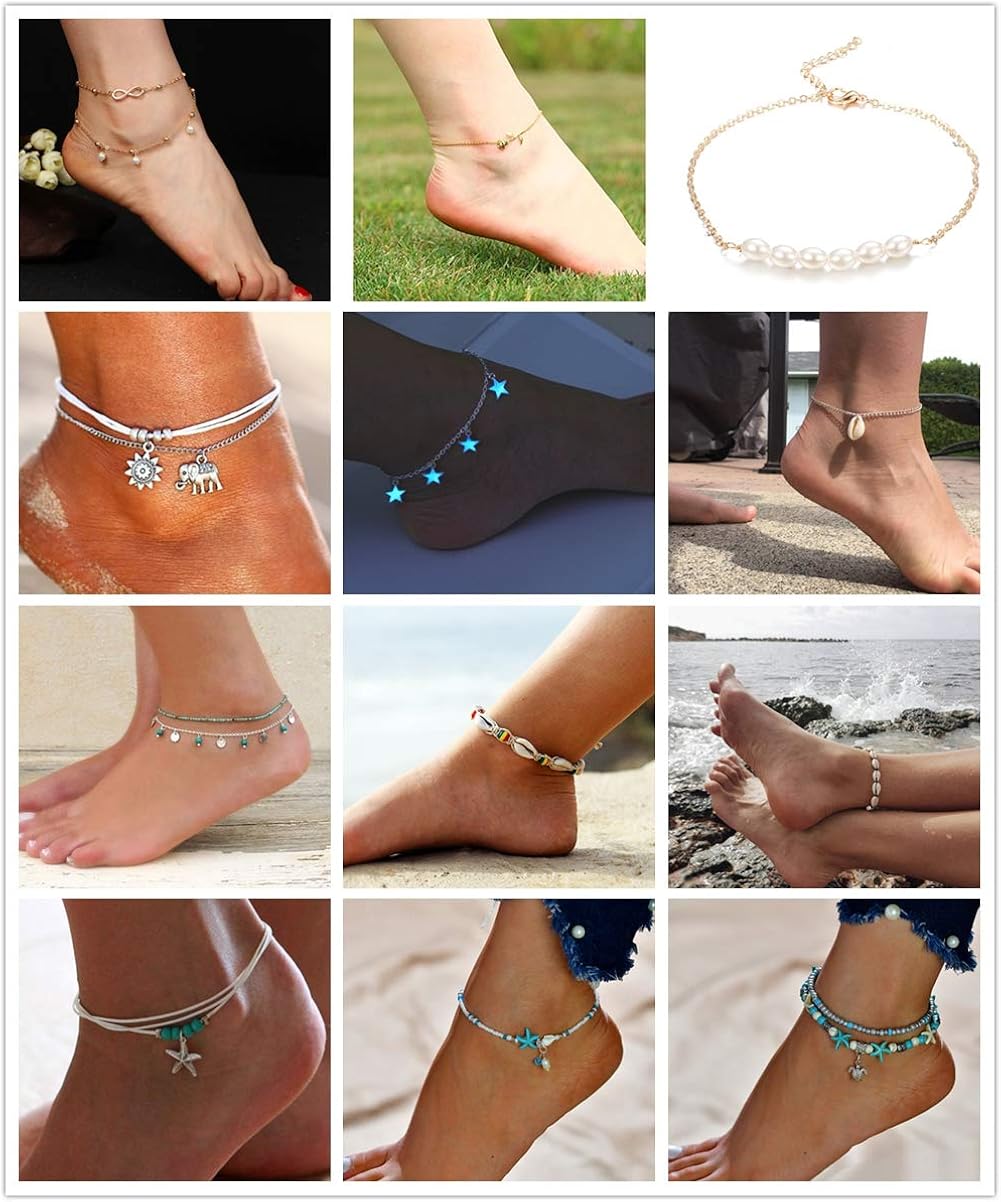Vista 2 de Finrezio 8-12PCS Anklets for Women Girls Adjustable Boho Turtle Starfish Beach Ankle Bracelets Foot Jewelry Set Handmade