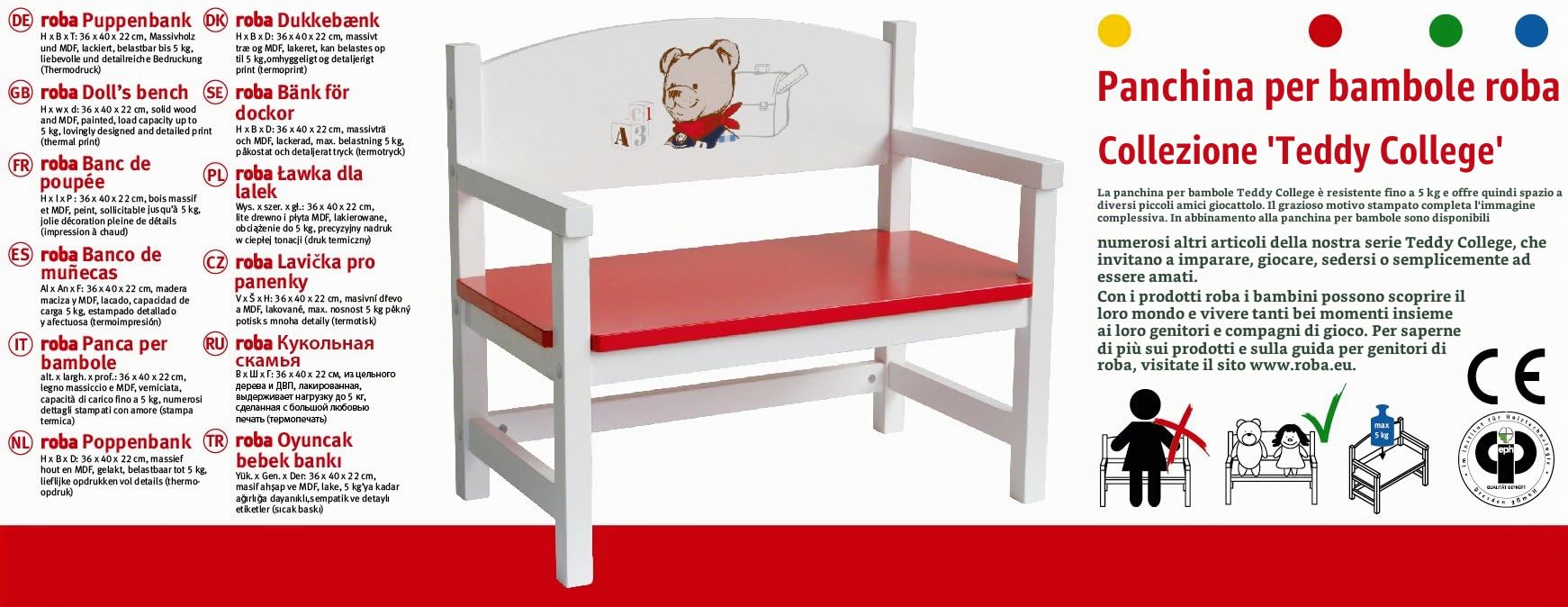 Roba 98837 Teddy College - Bambole Panca Unisex - Bambino, Multicolore, 36.0 x 22.0 x 40.0 cm
