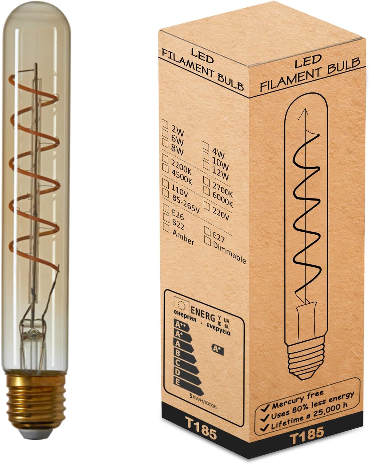 LEDSone Vintage LED Spiral Filament Bulb T185, Long Tubular Non Dimmable Edison Light Bulbs,E27 Screw Base, Amber Glass, Warm White,2700K,450LM(40W Equivalent), Led Tube Bulb (ST185 E27, Spiral-4w)