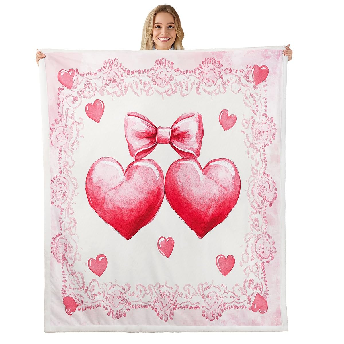 feelingyou Love Hearts Flannel Blanket,Pink Lace Princess Bowknot Dreamy Fleece Blanket for Room Decor,Romantic Red Heart Valentine's Day Theme Throw Blanket for Sofa Couch,Throw 50"x60" — image 1
