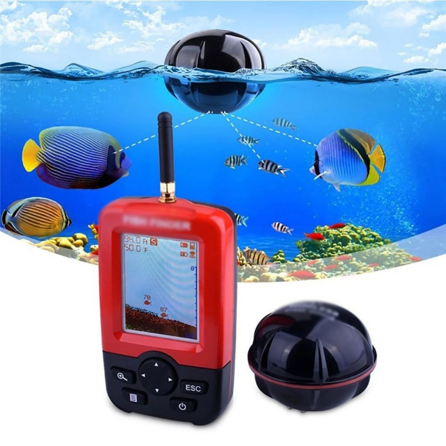 Fishfinder Wireless Portatile, ecoscandaglio con sensore ecoscandaglio, Raggio di rilevamento della profondità dell'Acqua da 3 Piedi (1 m) a 328 Piedi (100 m), per la Pesca in Barca