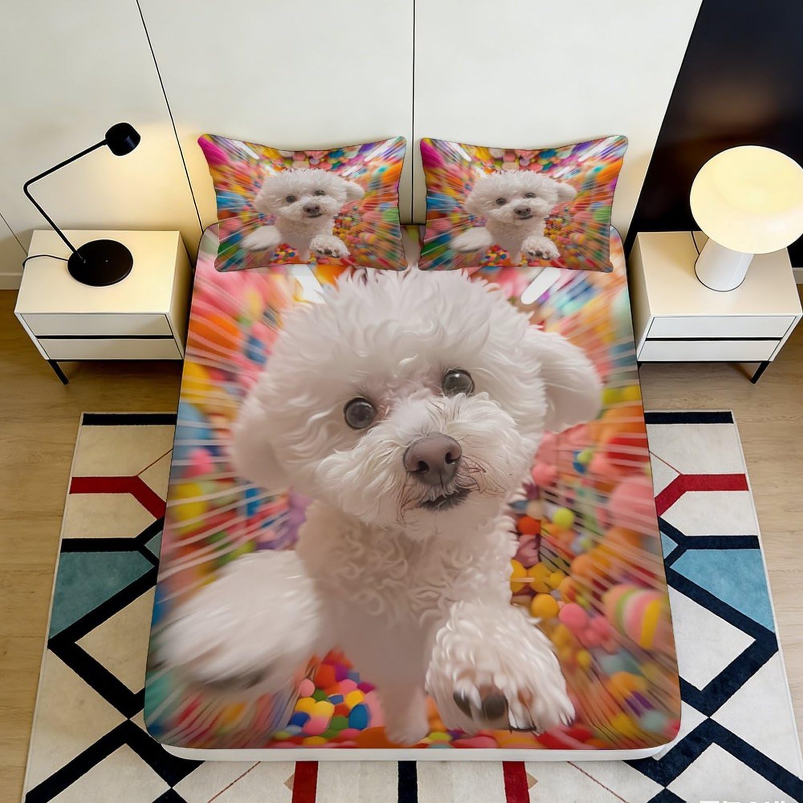 3D Printed White Poodle Fitted Sheet Microfiber Soft Colourful Pop Art Bed Cover for Bedroom Dorm Mattress Protector 90x200x25cm