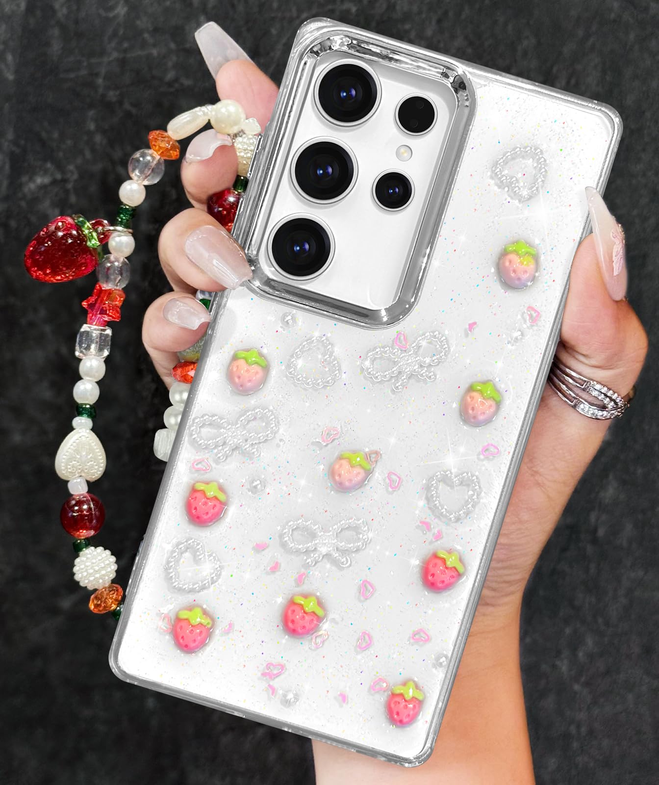 Toycamp for Samsung Galaxy S25 Ultra Case - for Women Girls Cute Clear Sparkly Girly Kawaii 3D Strawberry Design with Charm Strawberries Wrist Chain