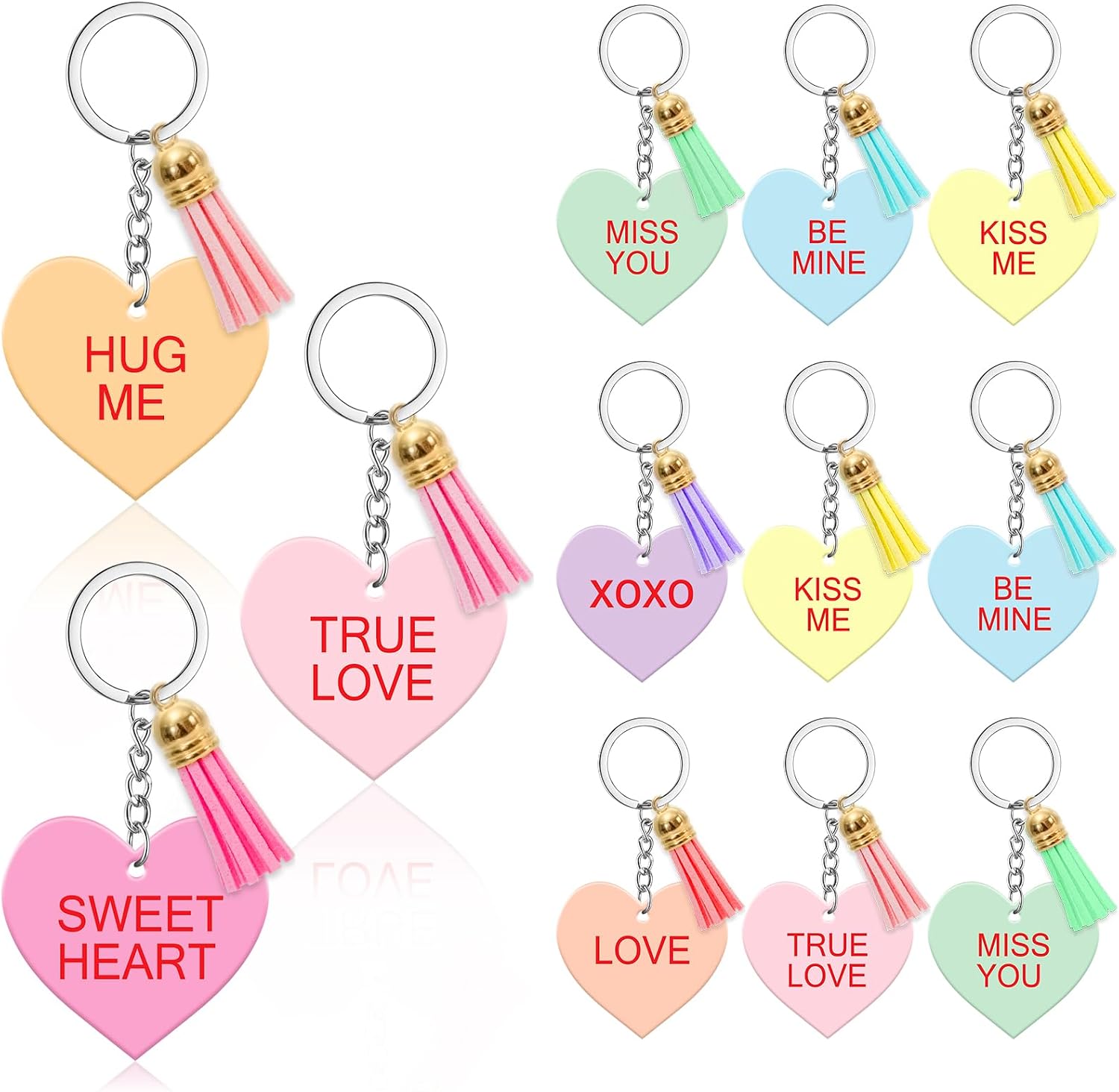 FYSUIMU 48 Pcs Valentine's Day Pastel Keychain Colorful Conversation Heart Key Rings Novelty Gifts for Backpack Birthday Party Favor