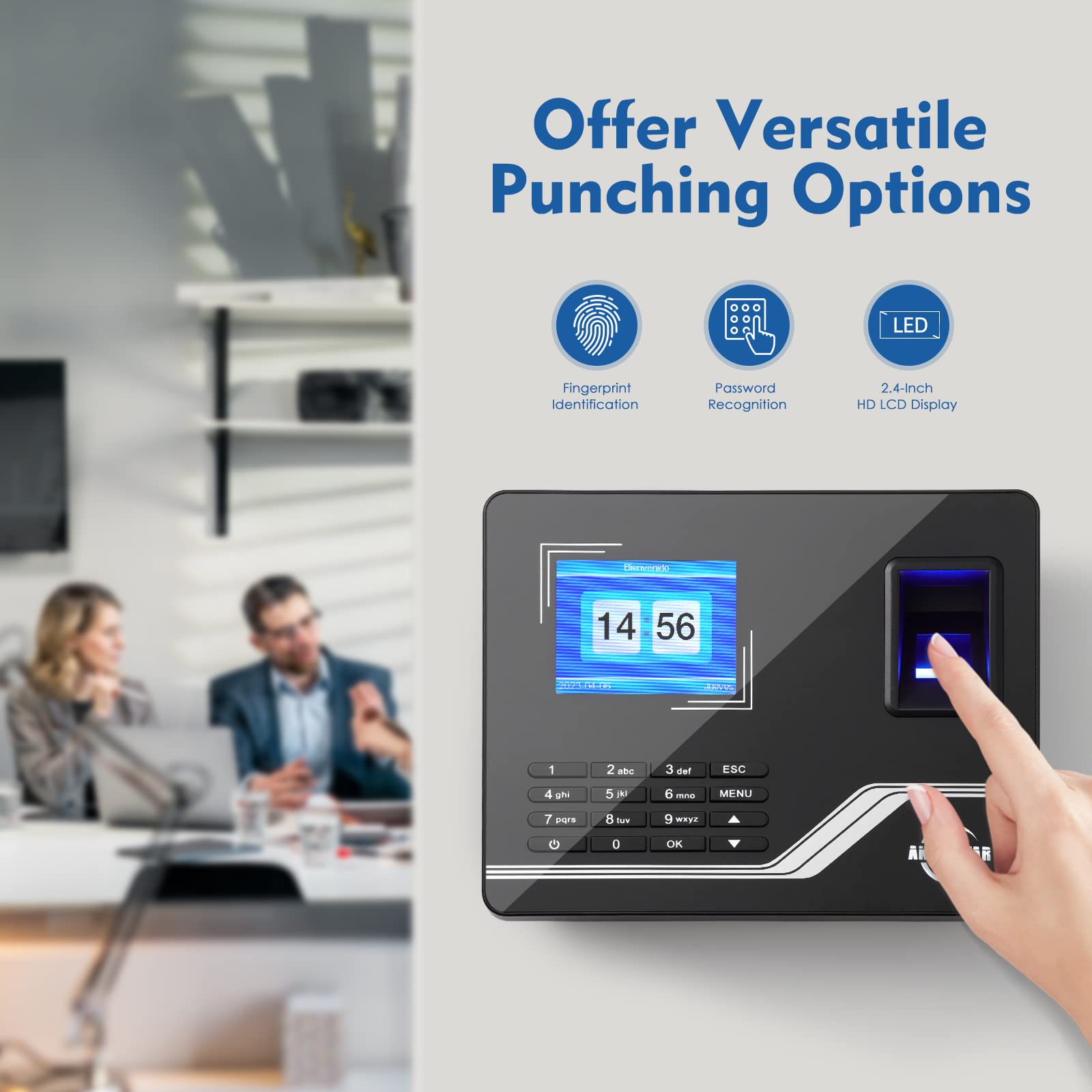 Aktivstar Controllo Orario Dipendenti, Scheda con Schermo, Memoria USB da 8GB, Macchina di Assistenza Biometrica con Capacità di 1000 Impronte Sistema Spagnolo, Senza Connessione Internet