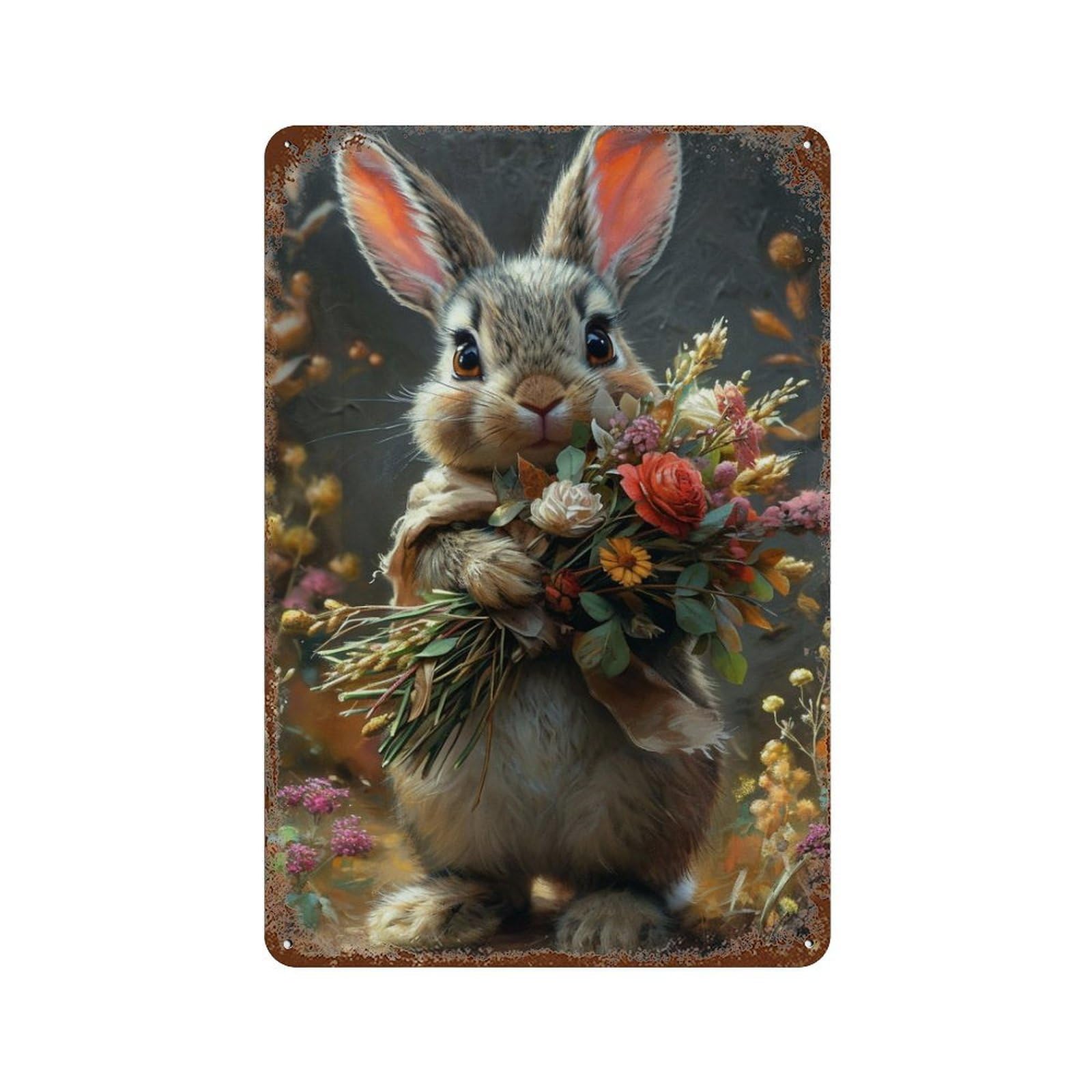 Floral Bunny Bouquet Vintage Rust Metal Sign 11.8"x7.9", Shabby Chic Decor for Shed, Workshop And Garage Wall Decor