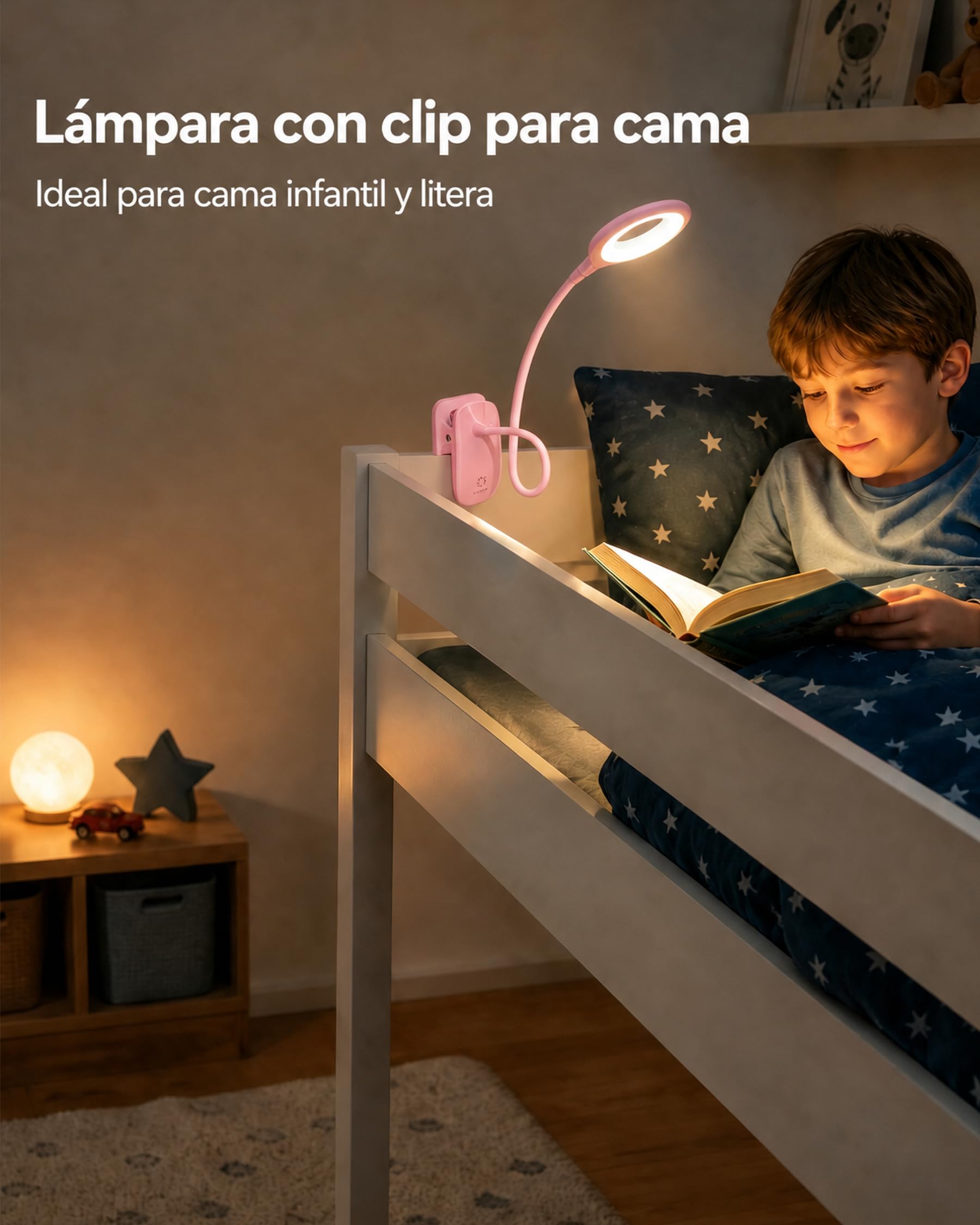 Lámpara LED de Escritorio con Pinza para Niños, Luz de Lectura Recargable USB, 3 Modos de Luz, Cuello Flexible 360°, Batería 2200mAh, para Estudiar, Leer en Cama y Trabajar, Rosa