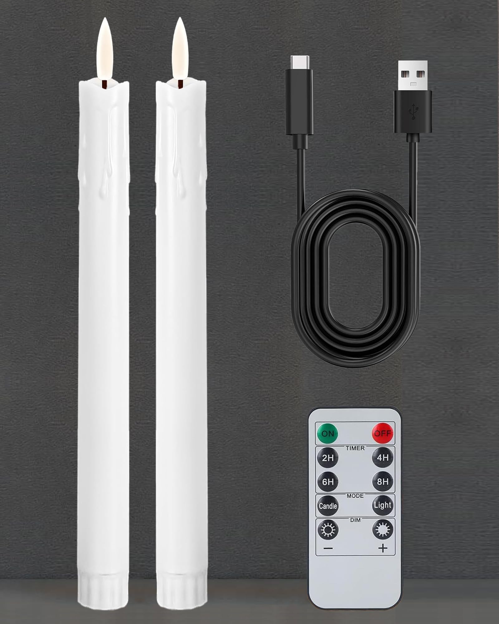Gmnee Velas cónicas recargables sin llama de 9.6 pulgadas con control remoto, temporizador, regulador, velas LED marfil, paquete de 2 velas largas USB que funcionan con pilas para decoración de
