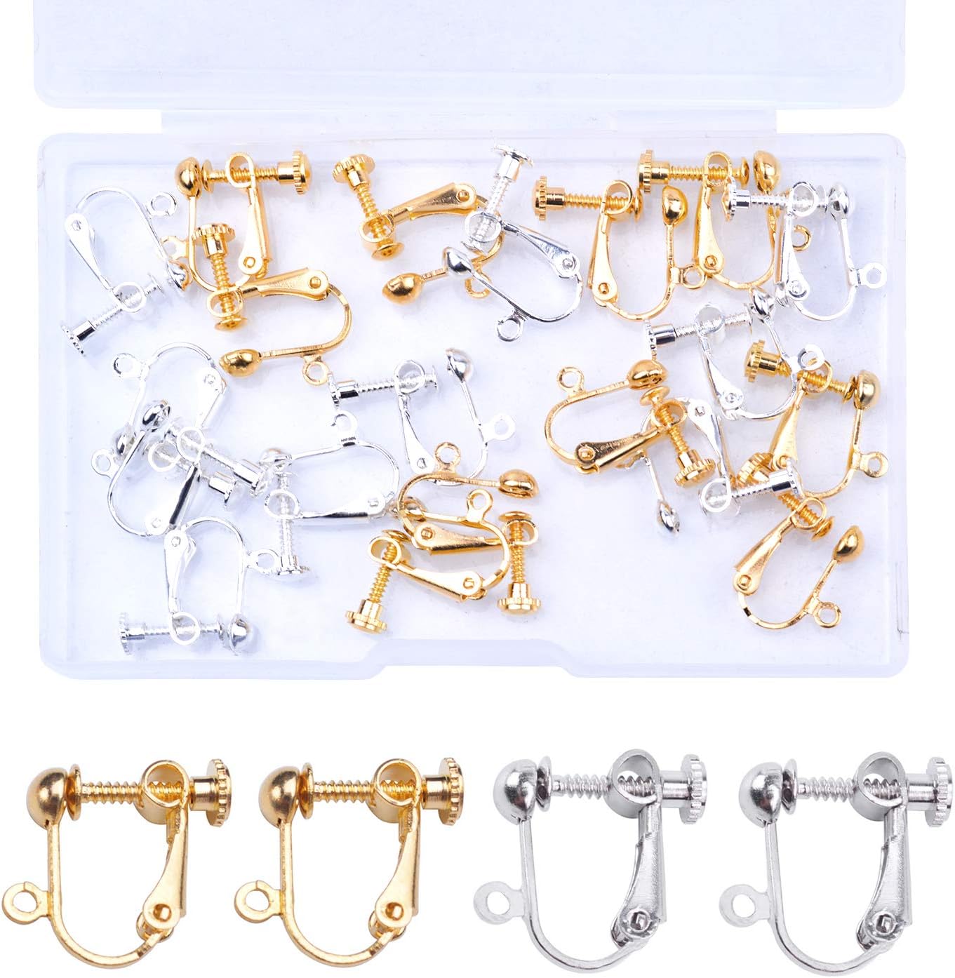 20 Pieces Clip-on Earring Converters Screw Back Ear Non Pierced Earring Converter with Open Loop in a Clear Box, 2 Colors