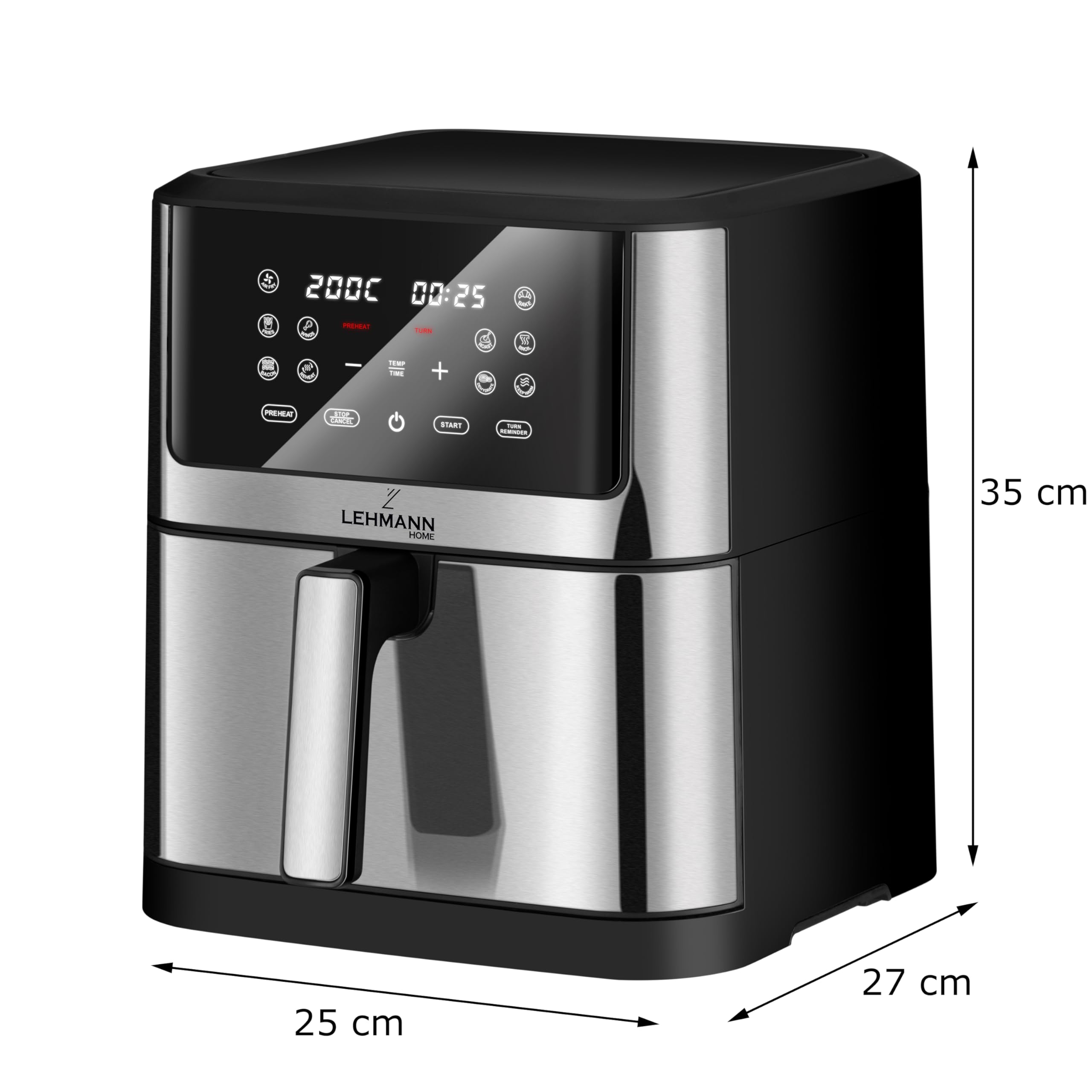 Lehmann LHODF-1880 Friteuse à air chaud 8L XXL, 1800 W avec 10 programmes, Friteuse sans huile jusqu'à 200°C, Air Fryer avec minuterie, écran tactile et fonction de déshydratation
