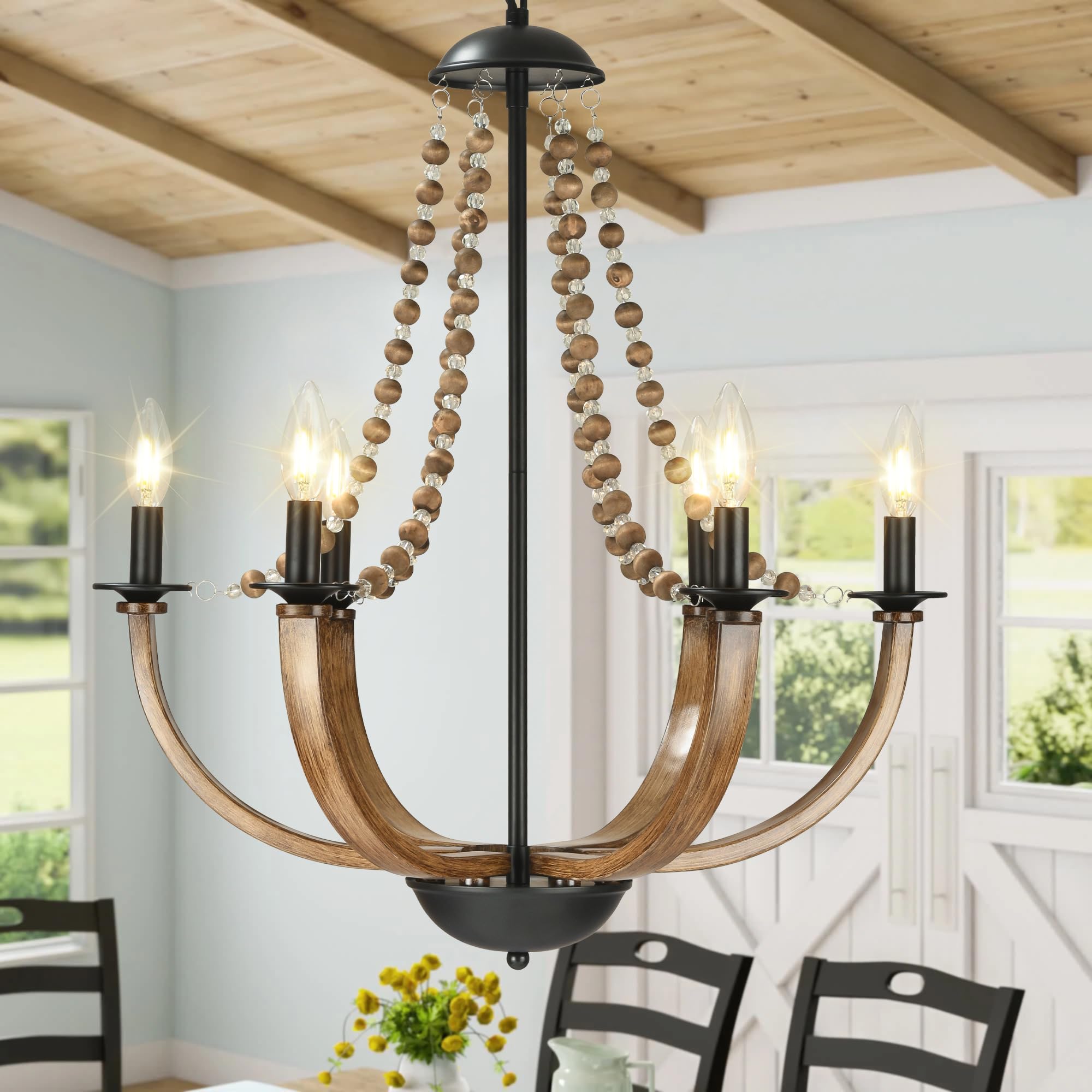 Bordhom 6-Light Chandeliers for Dining Room, 22.8'' Farmhouse Chandeliers, Dining Room Light Fixture, Ceiling Hanging Lighting Fixture Max 80'' Height Adjustable Black Walnut Grain Empire Style