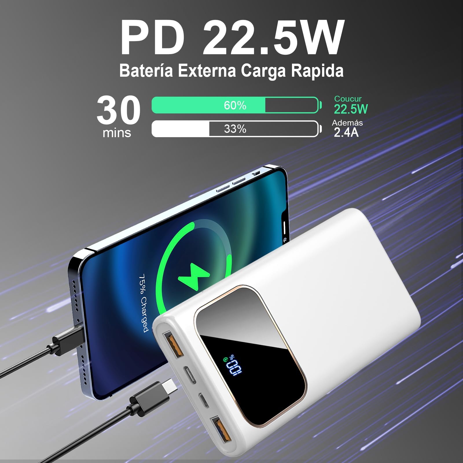 2026 Power Bank Fast Charging,Bateria Externa Carga Rapida 10000mAh 22.5W Cargador Portatil con Entrada y Salida USB C, para iPhone 17/16/15/14 Air Pro MAX Plus Mini, para Samsung Android,Mtta Blanco