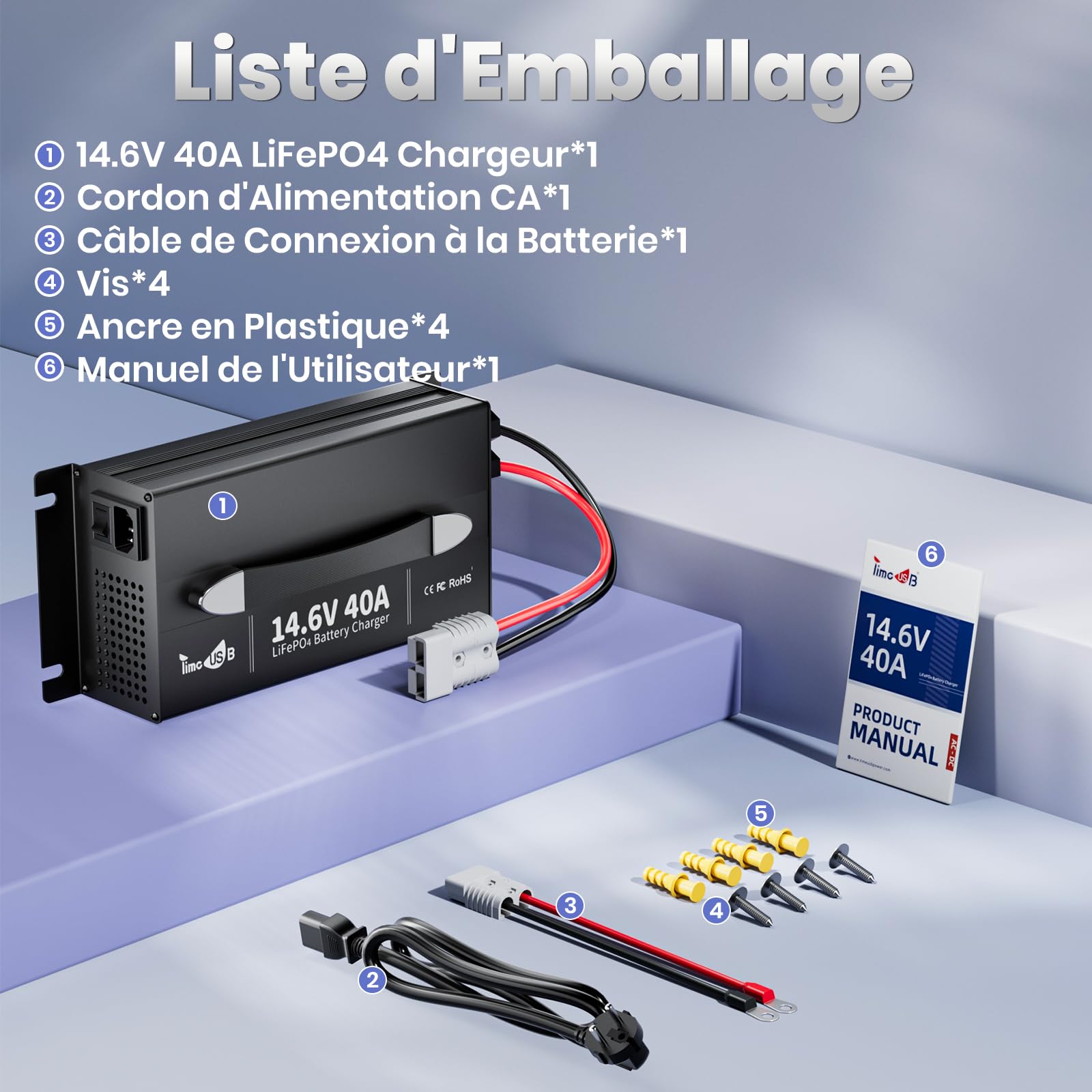 Timeusb Chargeur LiFePO4 14,6V 40A avec Prise Anderson pour Batterie 12V | Chargeur de Batterie Lithium 40A à Chargement Rapide avec Indicateur LED,Intelligent AC-DC