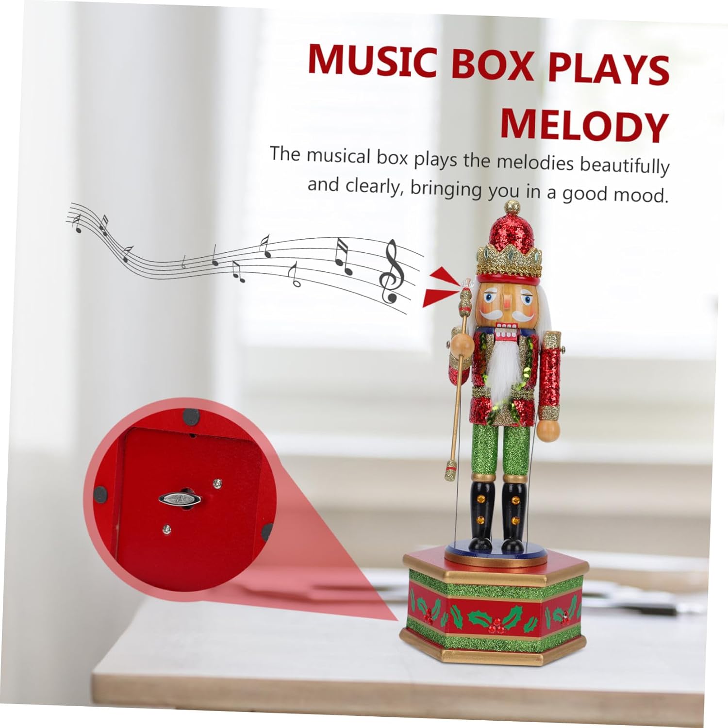 Wooden Nutcracker Musical Box Adorable Xmas Decoration with Flat Bottom Stable Stand Plays Beautiful Melodies Crafted with Wood Iron Cotton for Home Table Display