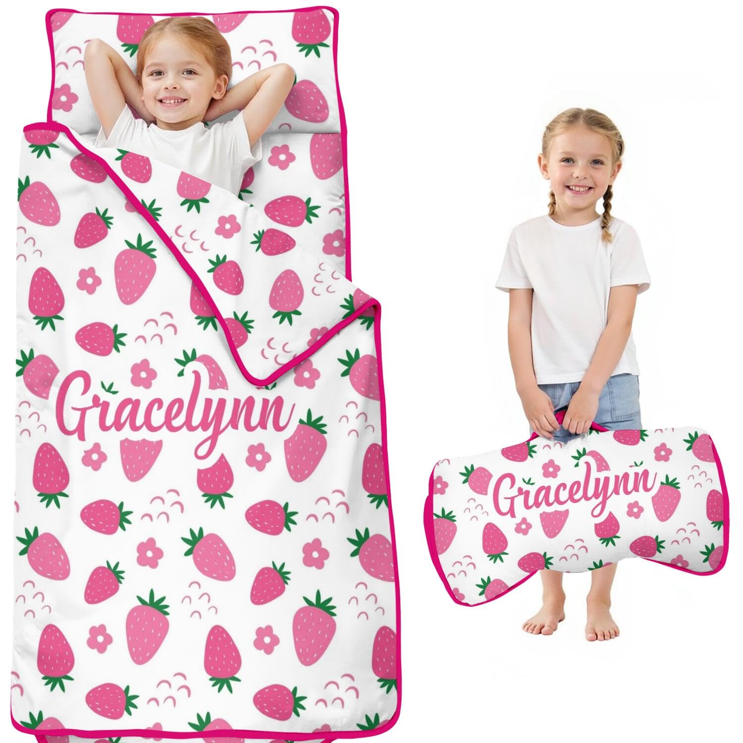 Personalized Strawberry Toddler Nap Mat with Removable Pillow & Blanket, Customized Kids Sleeping Bag with Name for Daycare Preschool, Toddler Sleeping Mat Nap Pad for Travel Camping