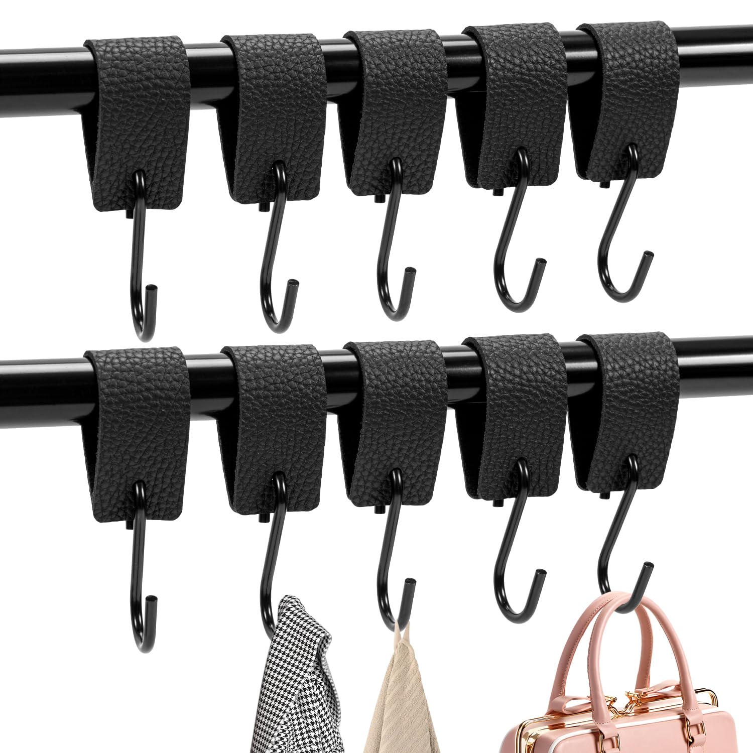 Bafiwu S Haken Schwarz, 10 Stück S Haken Mit Lederschlaufe, Haken für Kleiderstange Fensterhaken zum Einhängen Garderobenhaken Hosenhaken für Küche, Schrankaufhängung, Bad Schlafzimmer, Wohnzimmer