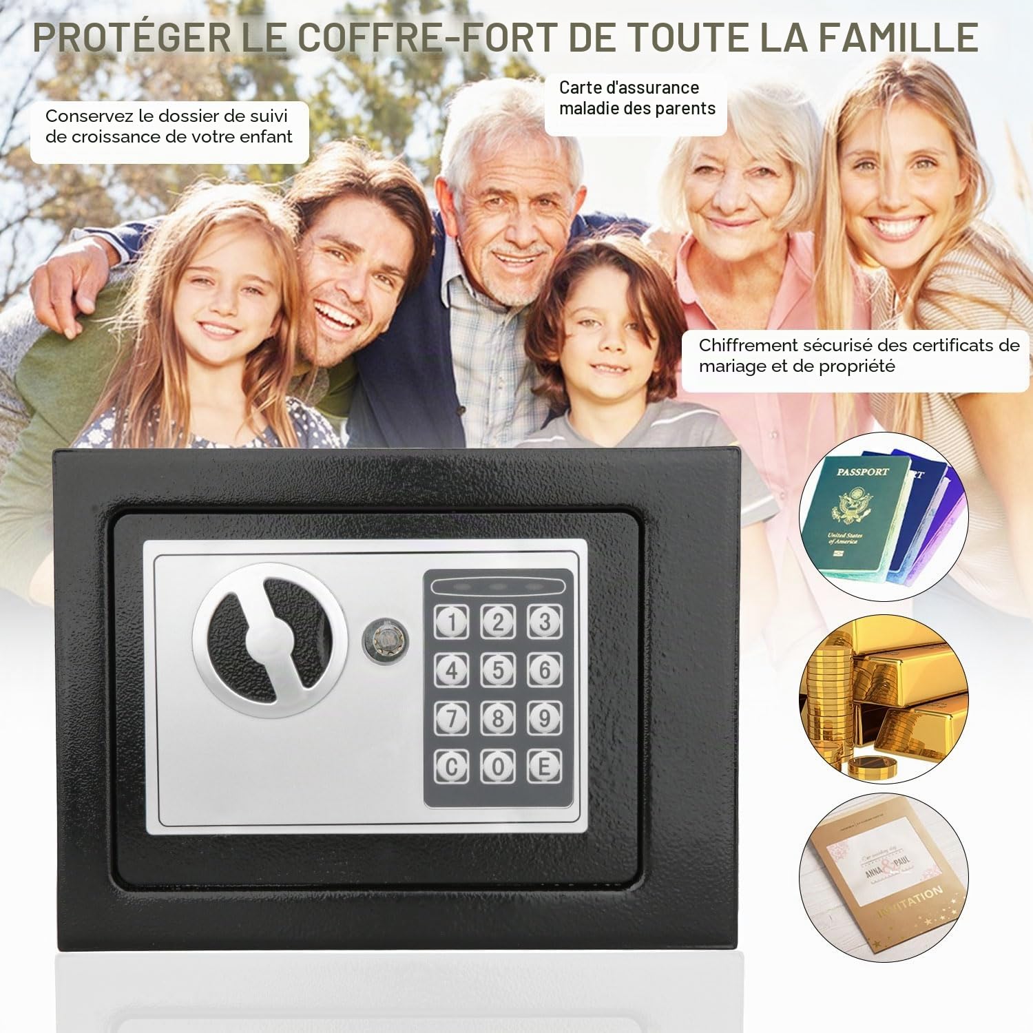 Coffre-fort de 4,6 l pour la maison, coffre-fort électronique antivol avec 2 clés, coffre-fort étanche, boîte de sécurité numérique pour objets de valeur, argent liquide et documents importants