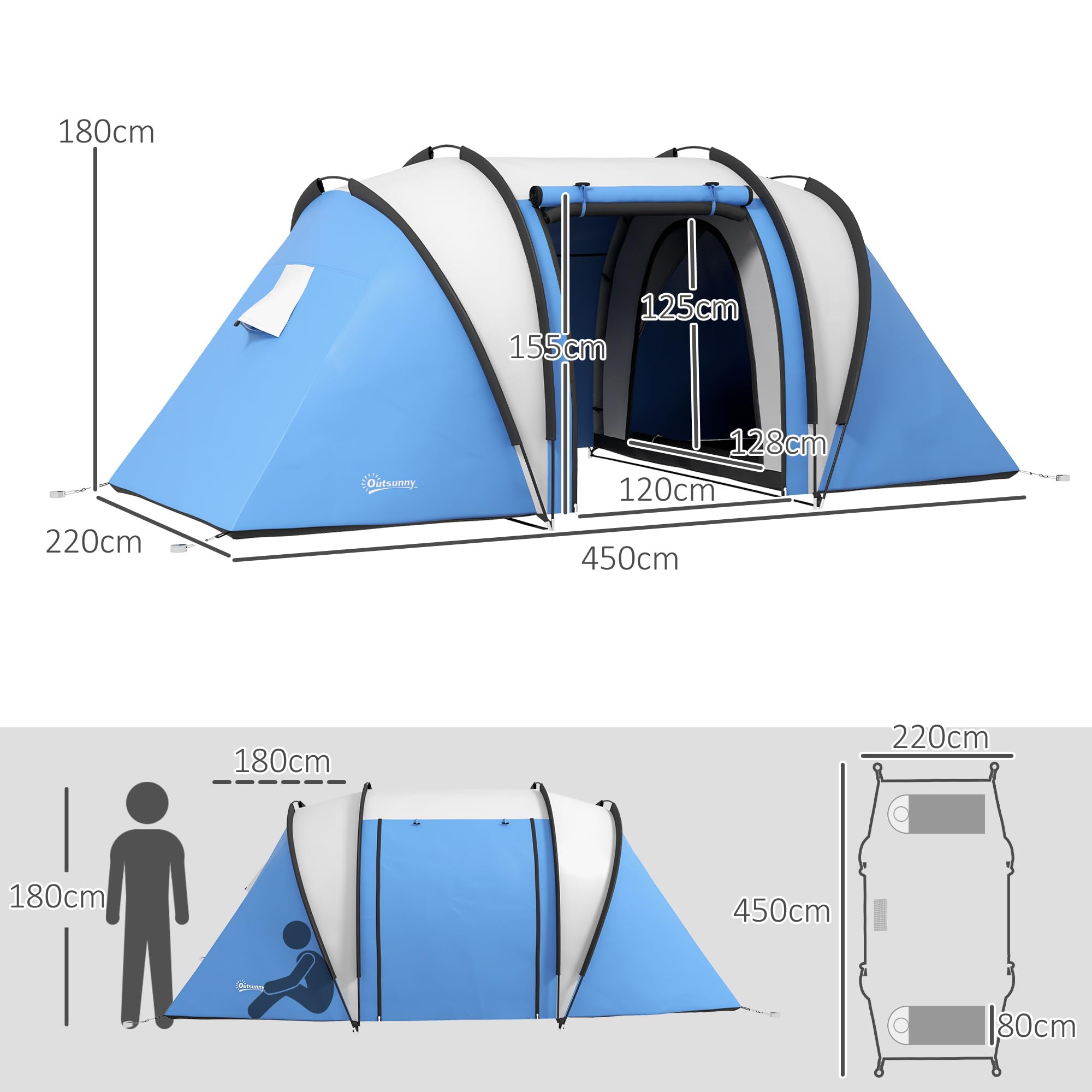 Outsunny Tenda da Campeggio 2 Posti con 2 Stanze, Tenda a Tunnel Familiare Impermeabile 3000mm con Borsa di Trasporto, 220x450x180 cm, Blu